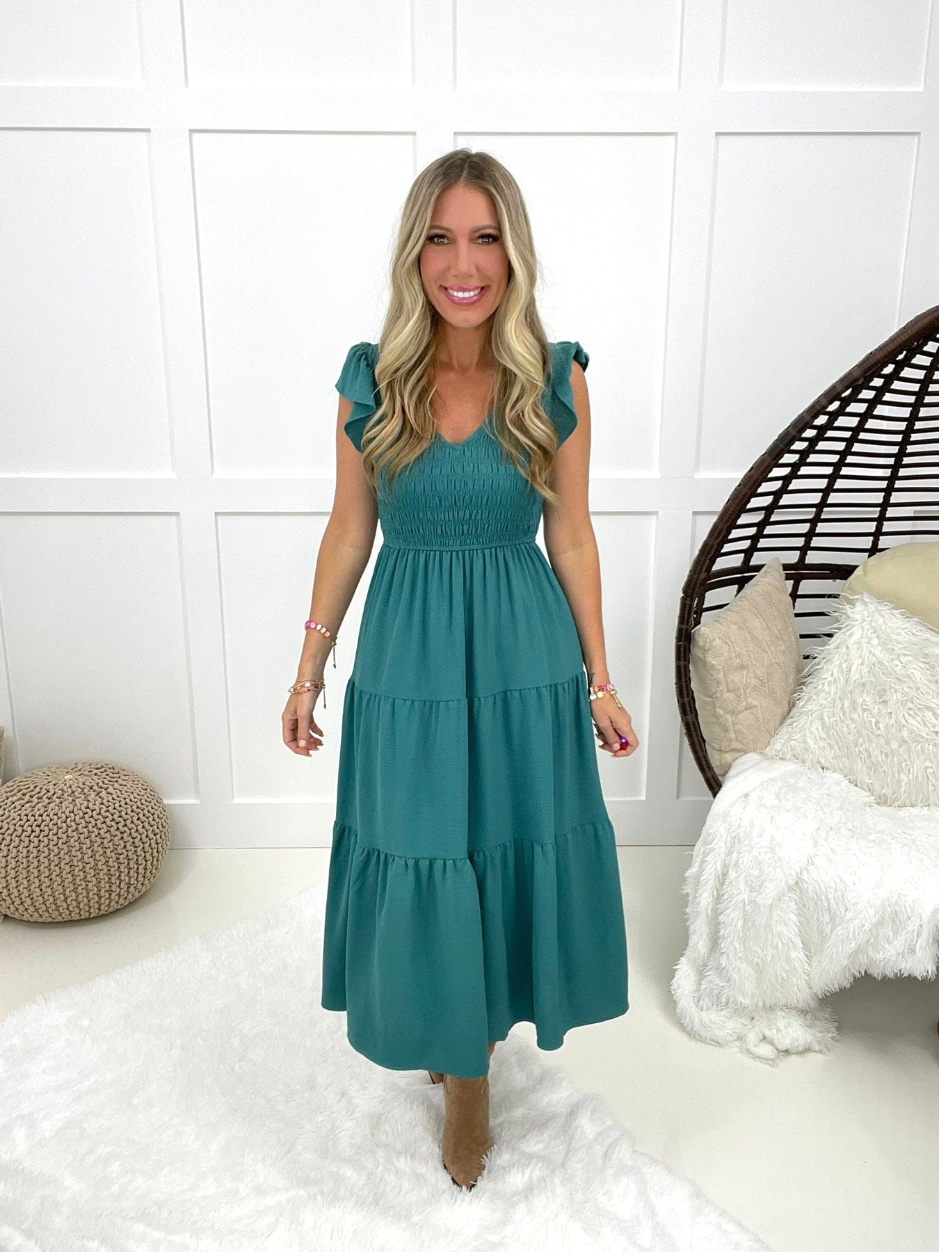 Fall Colored Flutter Sleeve Midi Dress-240 Dresses- Simply Simpson's Boutique is a Women's Online Fashion Boutique Located in Jupiter, Florida