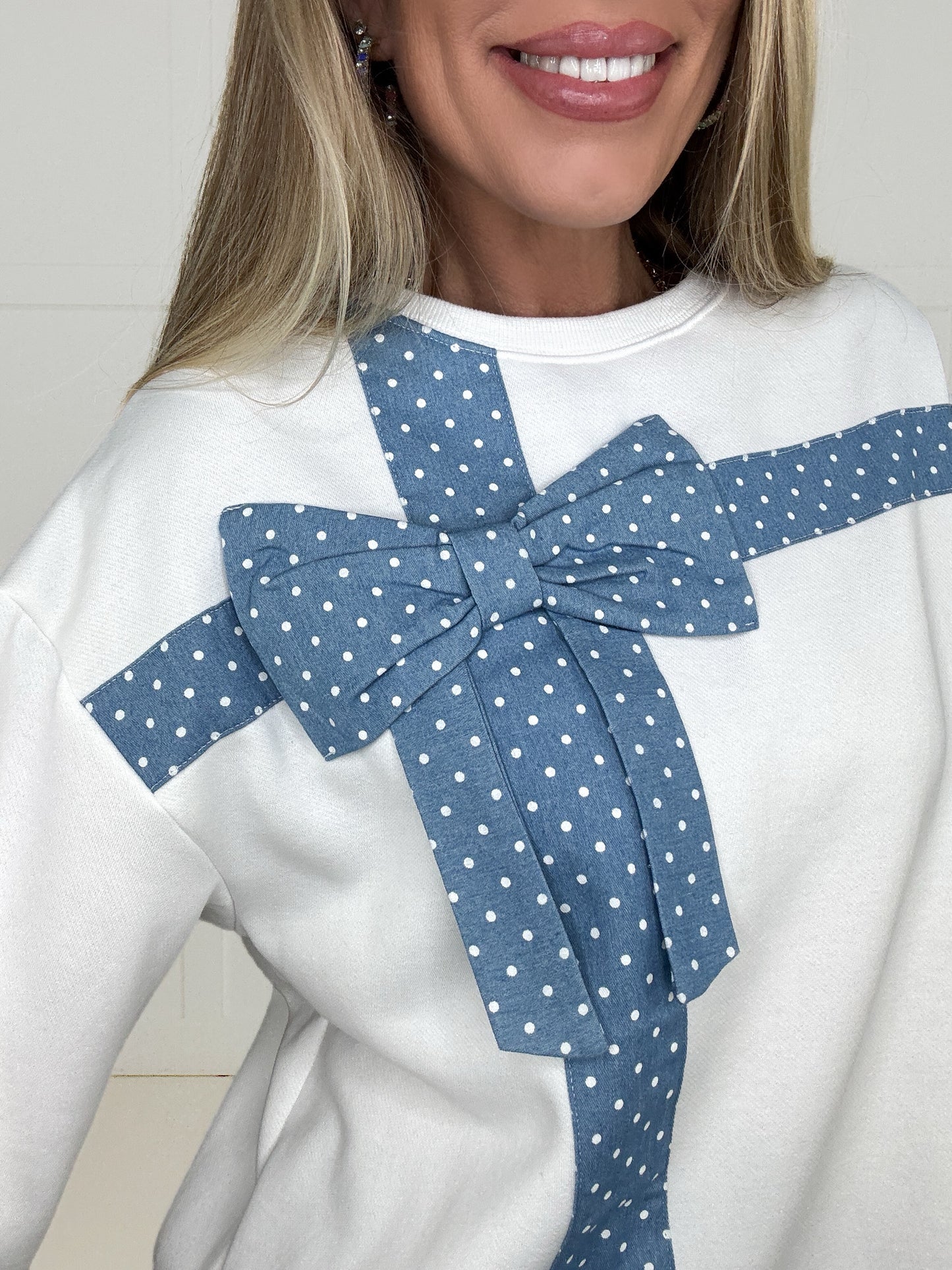 Dottie Denim Bow Sweatshirt-160 Sweatshirts- Simply Simpson's Boutique is a Women's Online Fashion Boutique Located in Jupiter, Florida