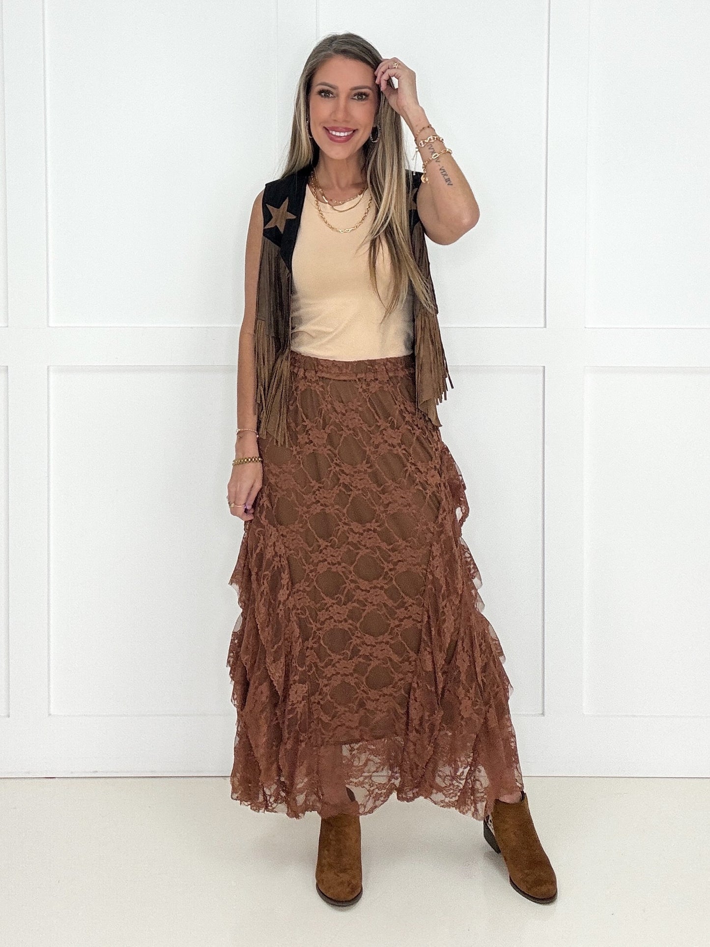 Mocha Layla Lace Layered Skirt-240 Dresses- Simply Simpson's Boutique is a Women's Online Fashion Boutique Located in Jupiter, Florida