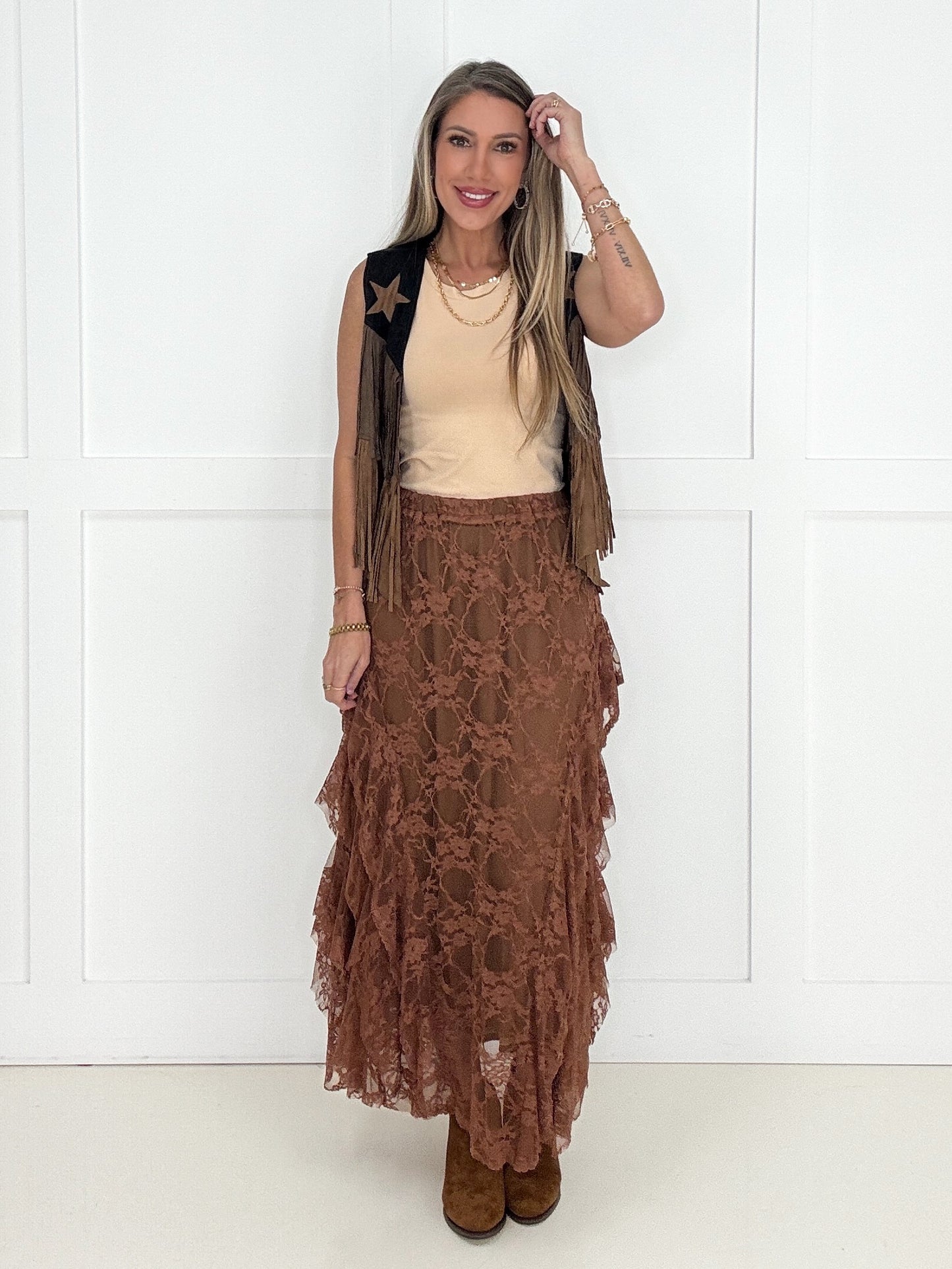 Mocha Layla Lace Layered Skirt-240 Dresses- Simply Simpson's Boutique is a Women's Online Fashion Boutique Located in Jupiter, Florida