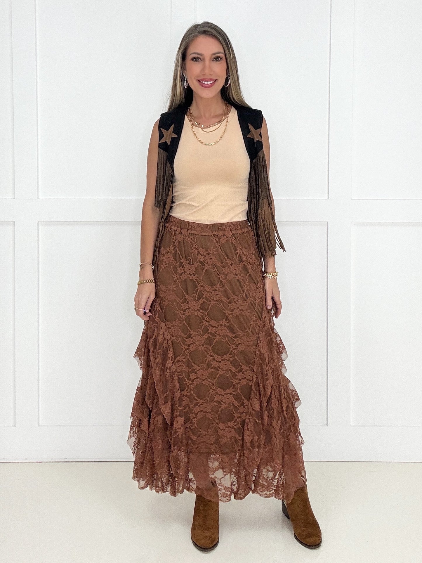 Mocha Layla Lace Layered Skirt-240 Dresses- Simply Simpson's Boutique is a Women's Online Fashion Boutique Located in Jupiter, Florida