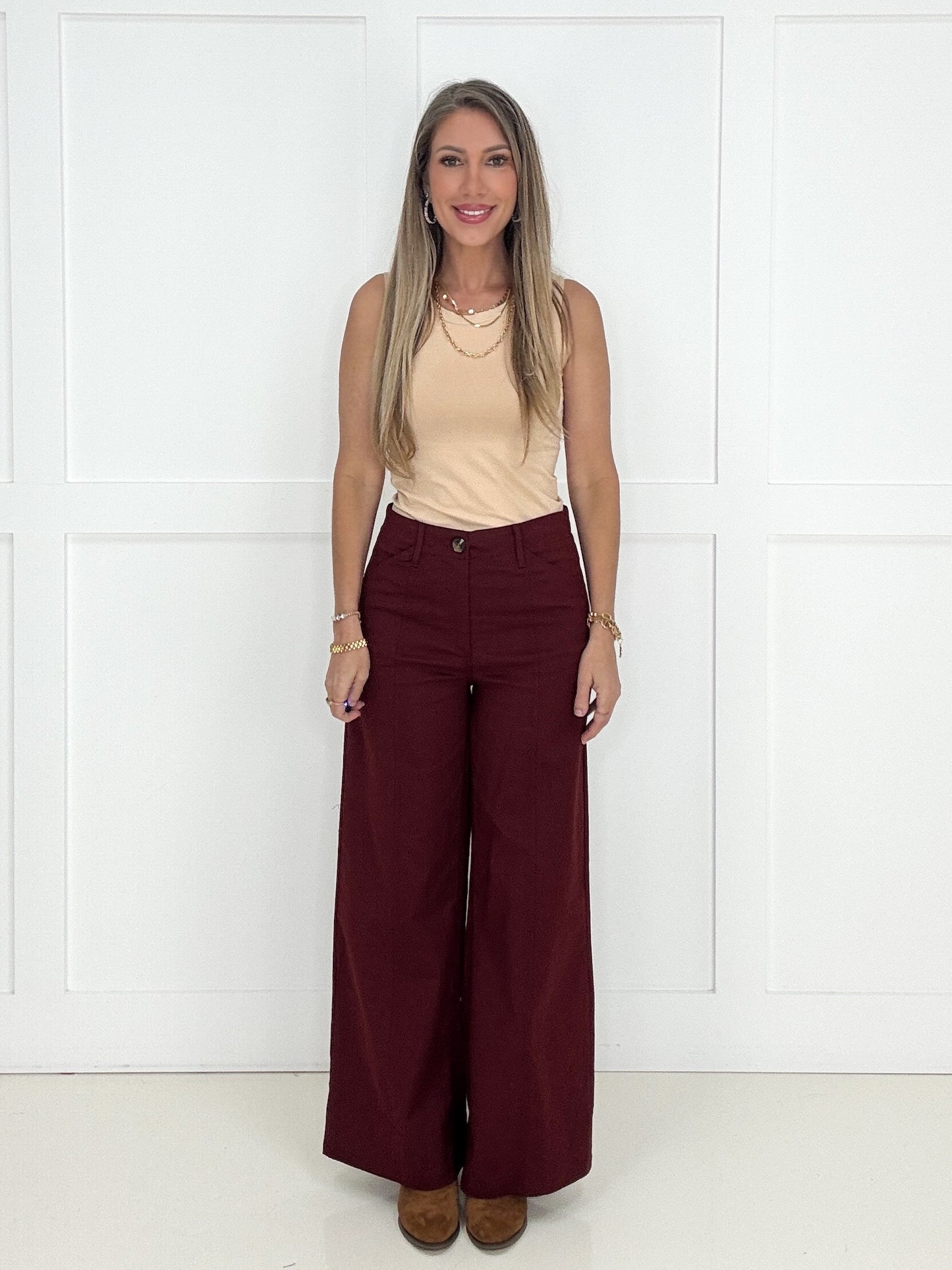 Burgundy Polished Perspective Wide Leg Pants-210 Other Bottoms- Simply Simpson's Boutique is a Women's Online Fashion Boutique Located in Jupiter, Florida