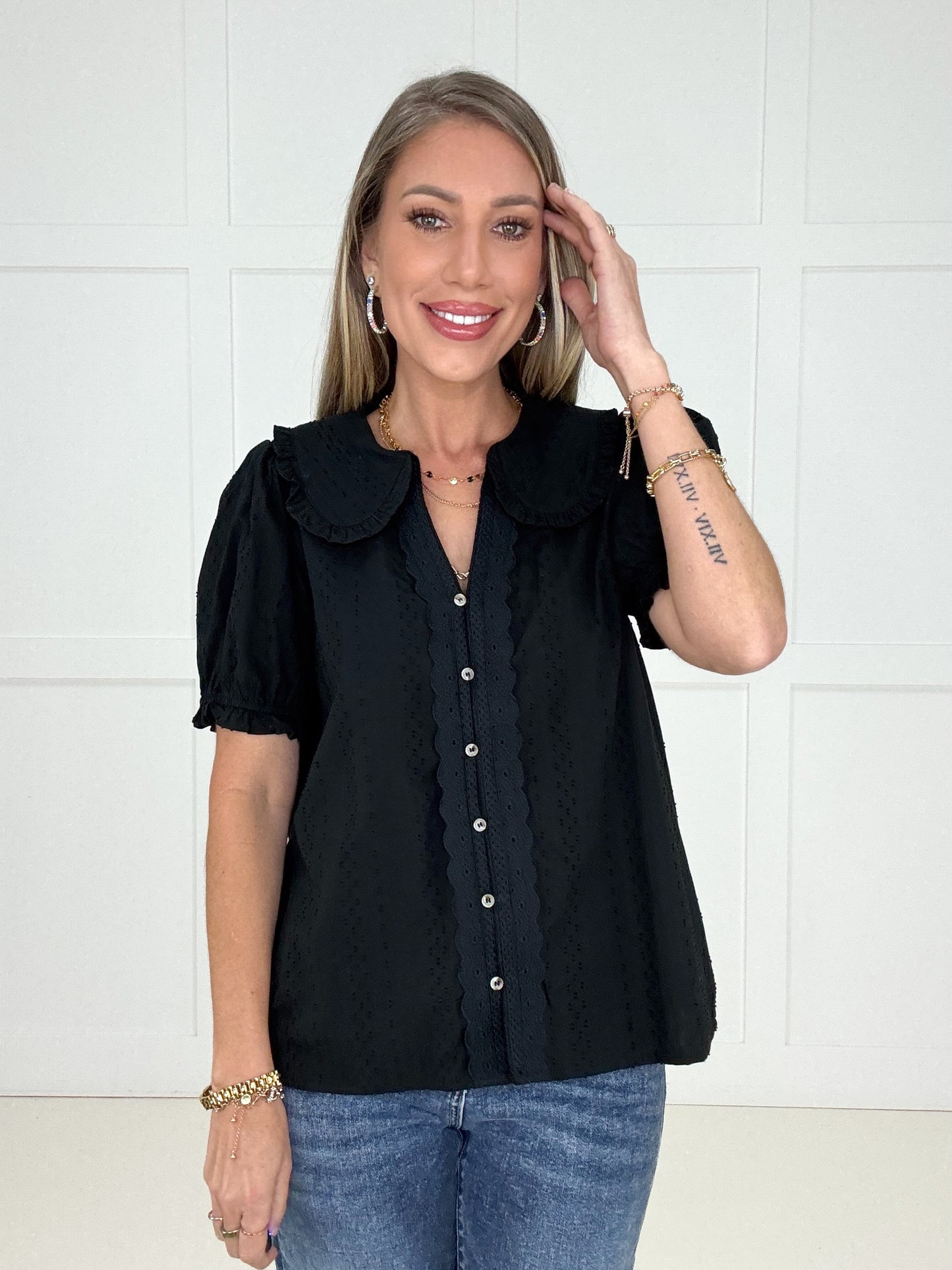 Black Swan Puff Sleeve Blouse-100 Short Sleeves- Simply Simpson's Boutique is a Women's Online Fashion Boutique Located in Jupiter, Florida