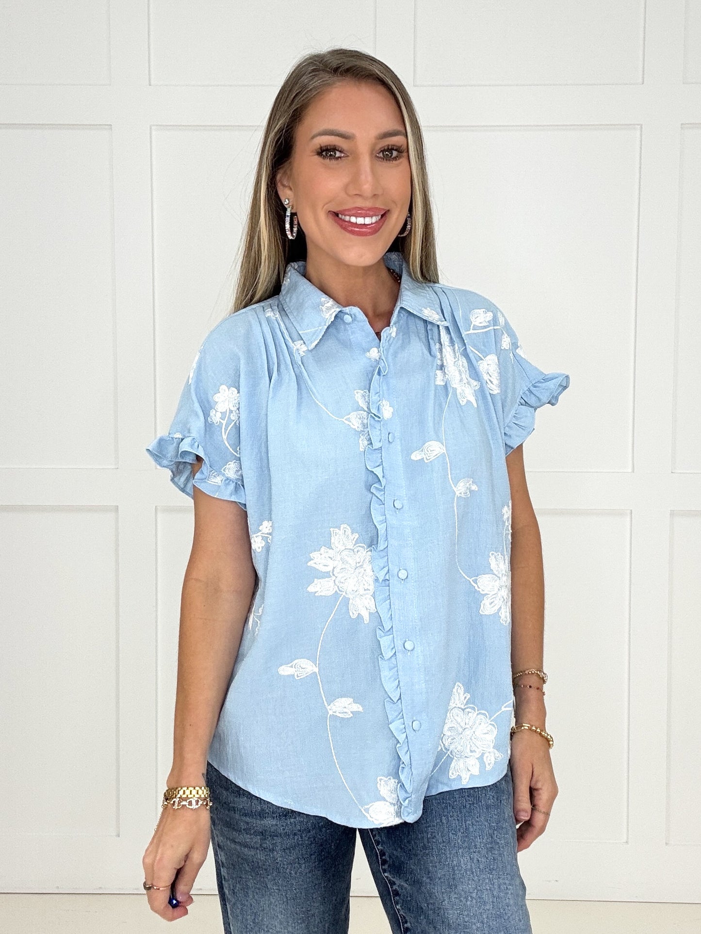 Blue Embroidered In Full Bloom Blouse-100 Short Sleeves- Simply Simpson's Boutique is a Women's Online Fashion Boutique Located in Jupiter, Florida