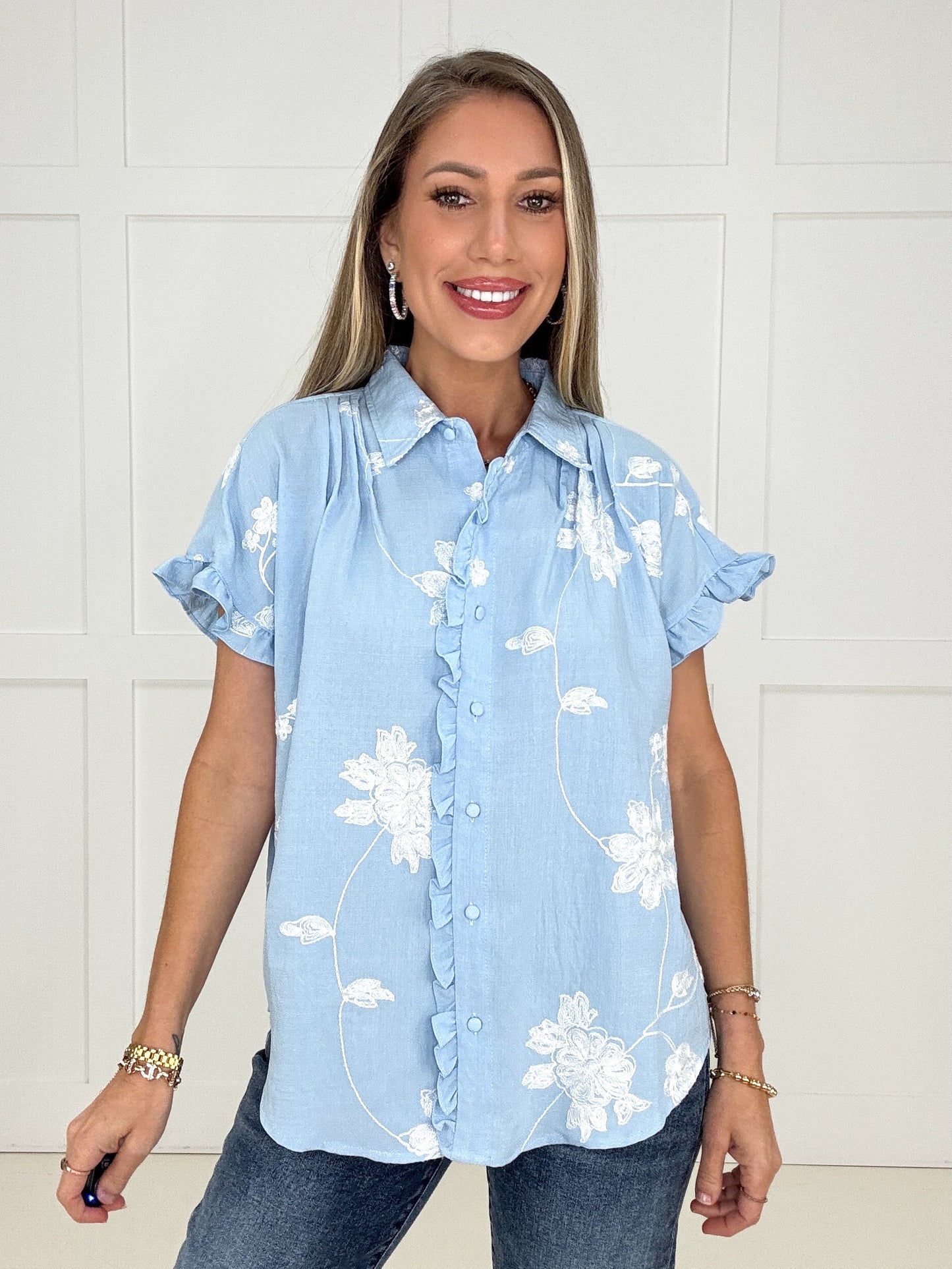 Blue Embroidered In Full Bloom Blouse-100 Short Sleeves- Simply Simpson's Boutique is a Women's Online Fashion Boutique Located in Jupiter, Florida