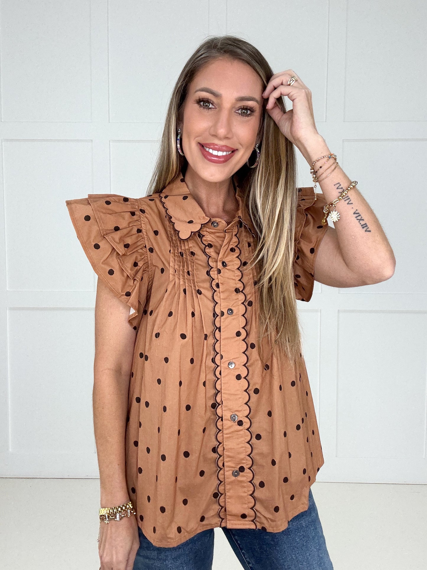 Cocoa Dot Darling Blouse-100 Short Sleeves- Simply Simpson's Boutique is a Women's Online Fashion Boutique Located in Jupiter, Florida