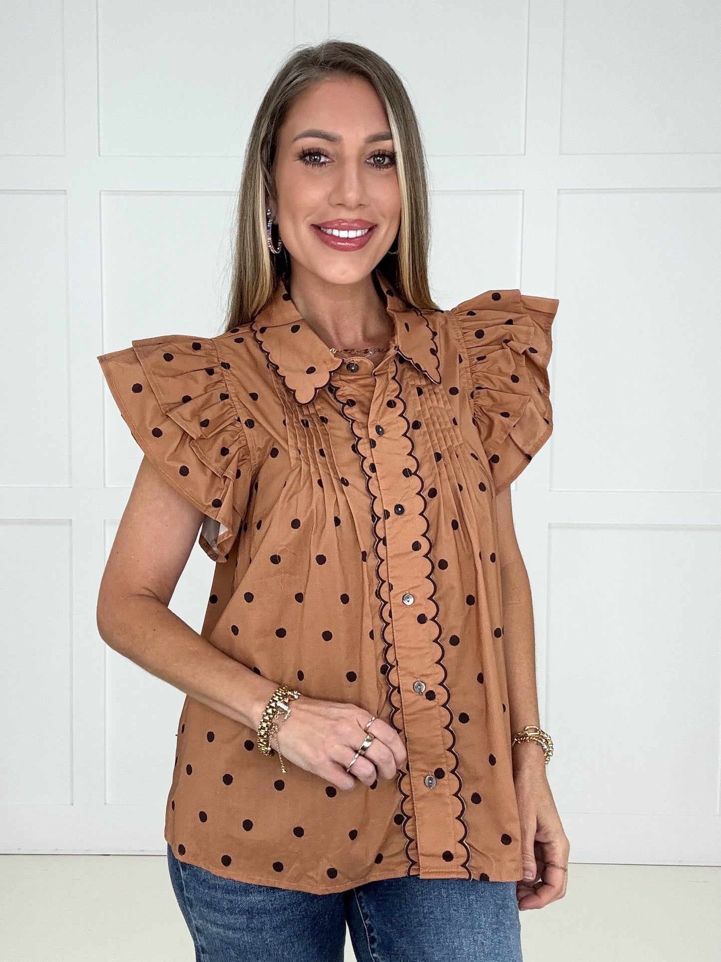 Cocoa Dot Darling Blouse-100 Short Sleeves- Simply Simpson's Boutique is a Women's Online Fashion Boutique Located in Jupiter, Florida