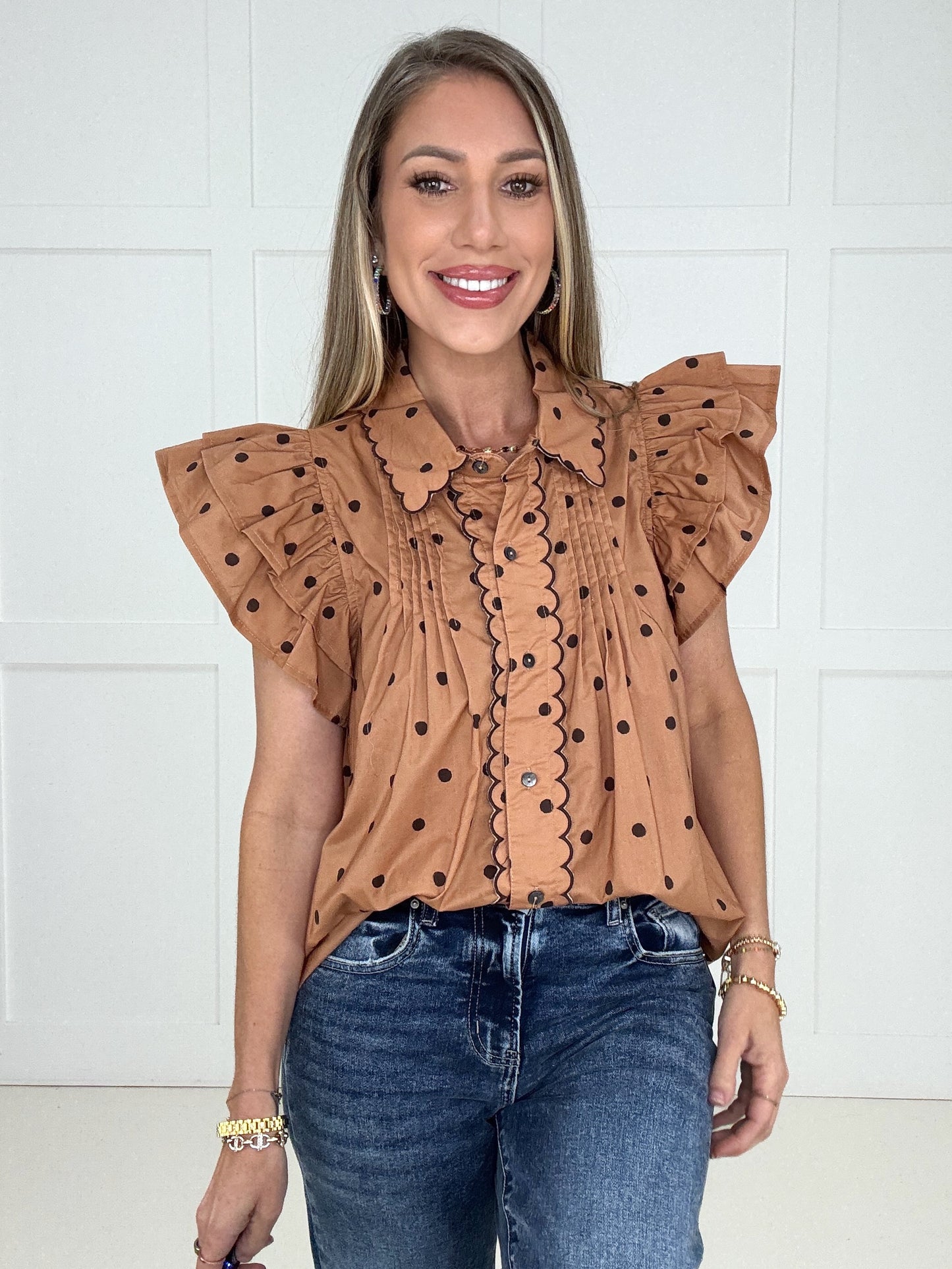 Cocoa Dot Darling Blouse-100 Short Sleeves- Simply Simpson's Boutique is a Women's Online Fashion Boutique Located in Jupiter, Florida