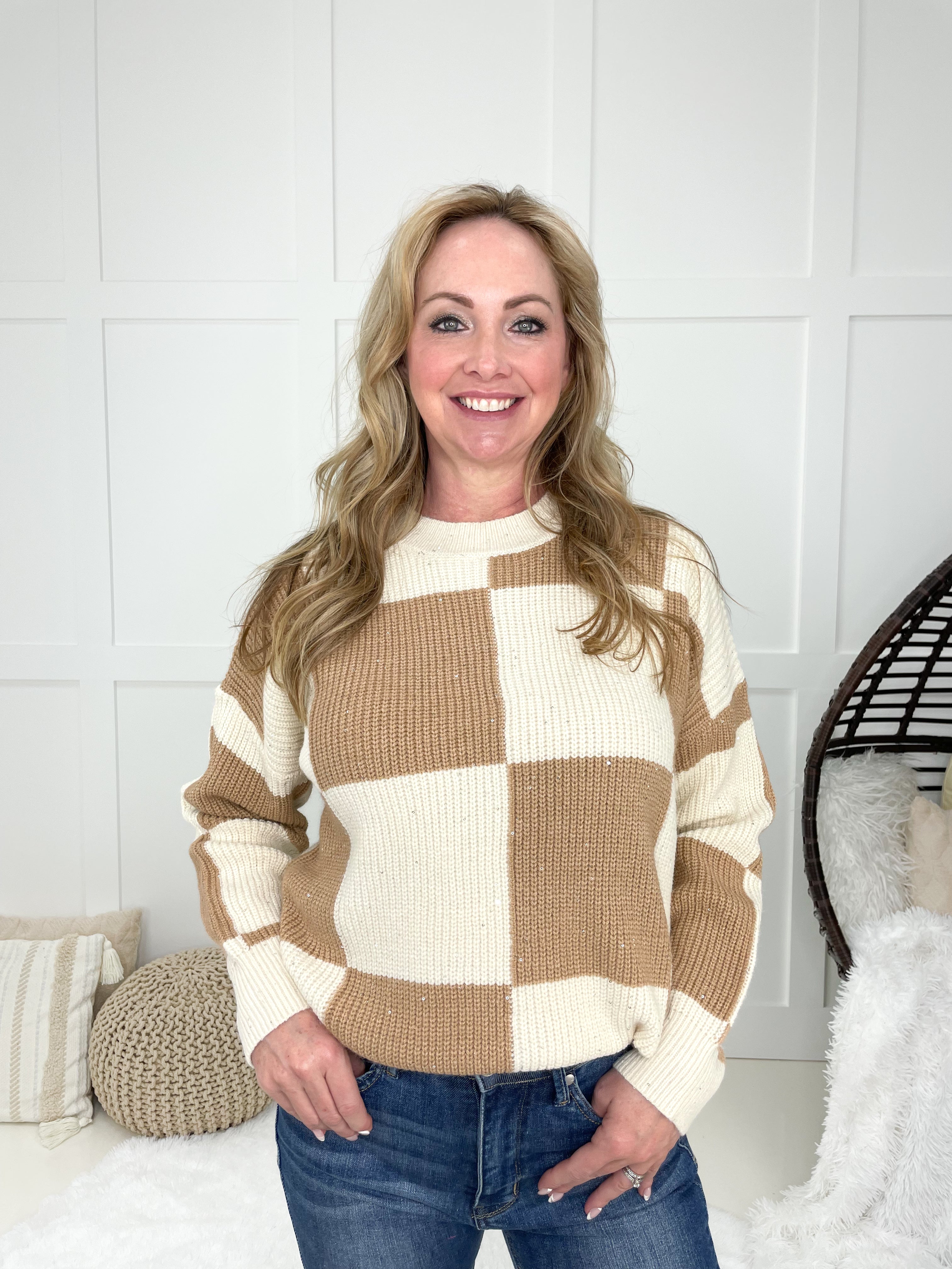 Checkmate Sequin Sweater-150 Sweaters- Simply Simpson's Boutique is a Women's Online Fashion Boutique Located in Jupiter, Florida