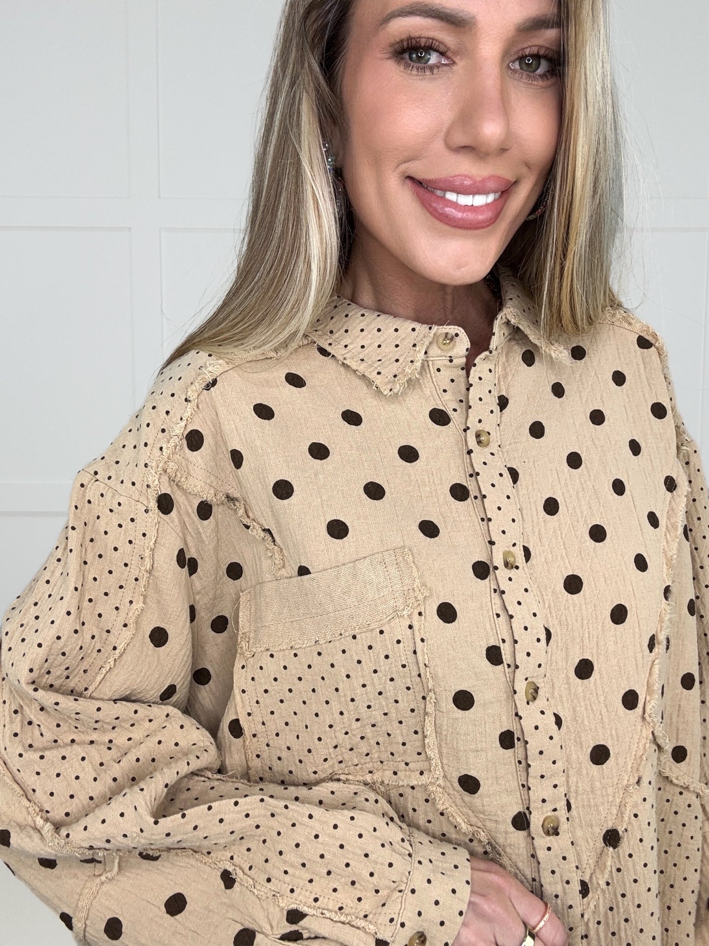 Dot to Dot Distressed Button Down-110 Long Sleeves- Simply Simpson's Boutique is a Women's Online Fashion Boutique Located in Jupiter, Florida