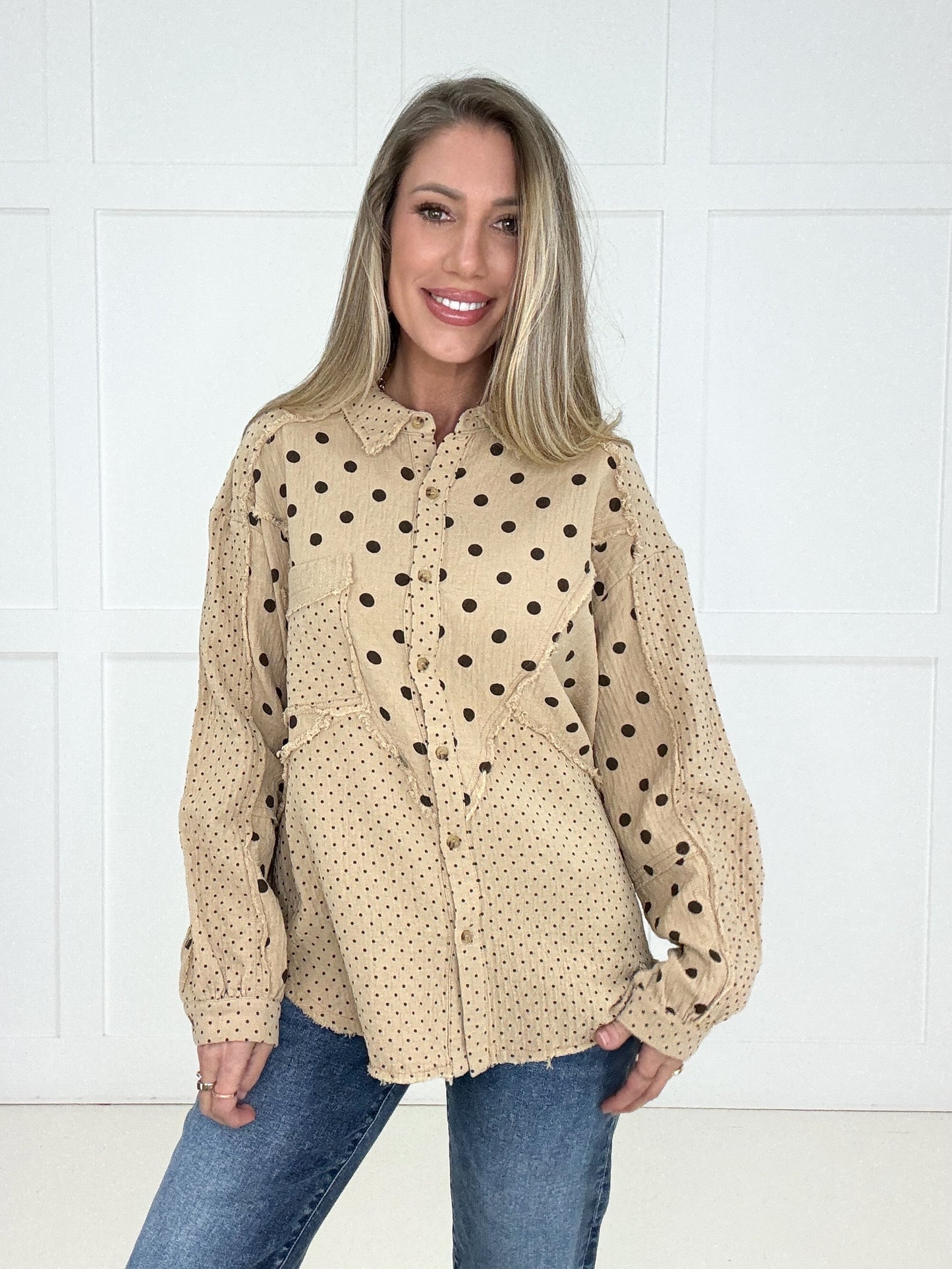 Dot to Dot Distressed Button Down-110 Long Sleeves- Simply Simpson's Boutique is a Women's Online Fashion Boutique Located in Jupiter, Florida