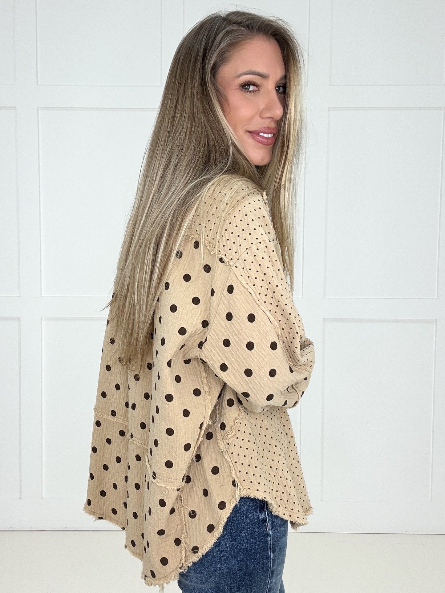 Dot to Dot Distressed Button Down-110 Long Sleeves- Simply Simpson's Boutique is a Women's Online Fashion Boutique Located in Jupiter, Florida