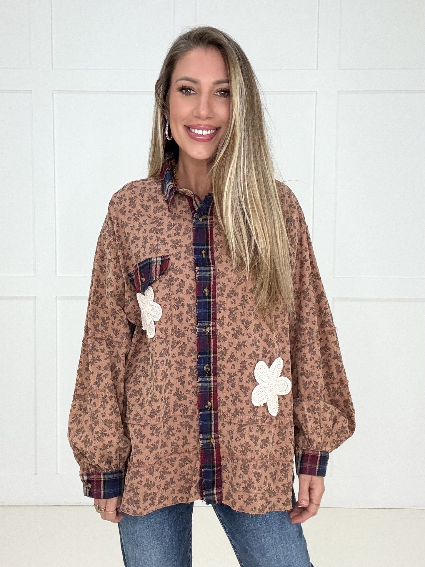 Flowers & Flannel Button Down-110 Long Sleeves- Simply Simpson's Boutique is a Women's Online Fashion Boutique Located in Jupiter, Florida