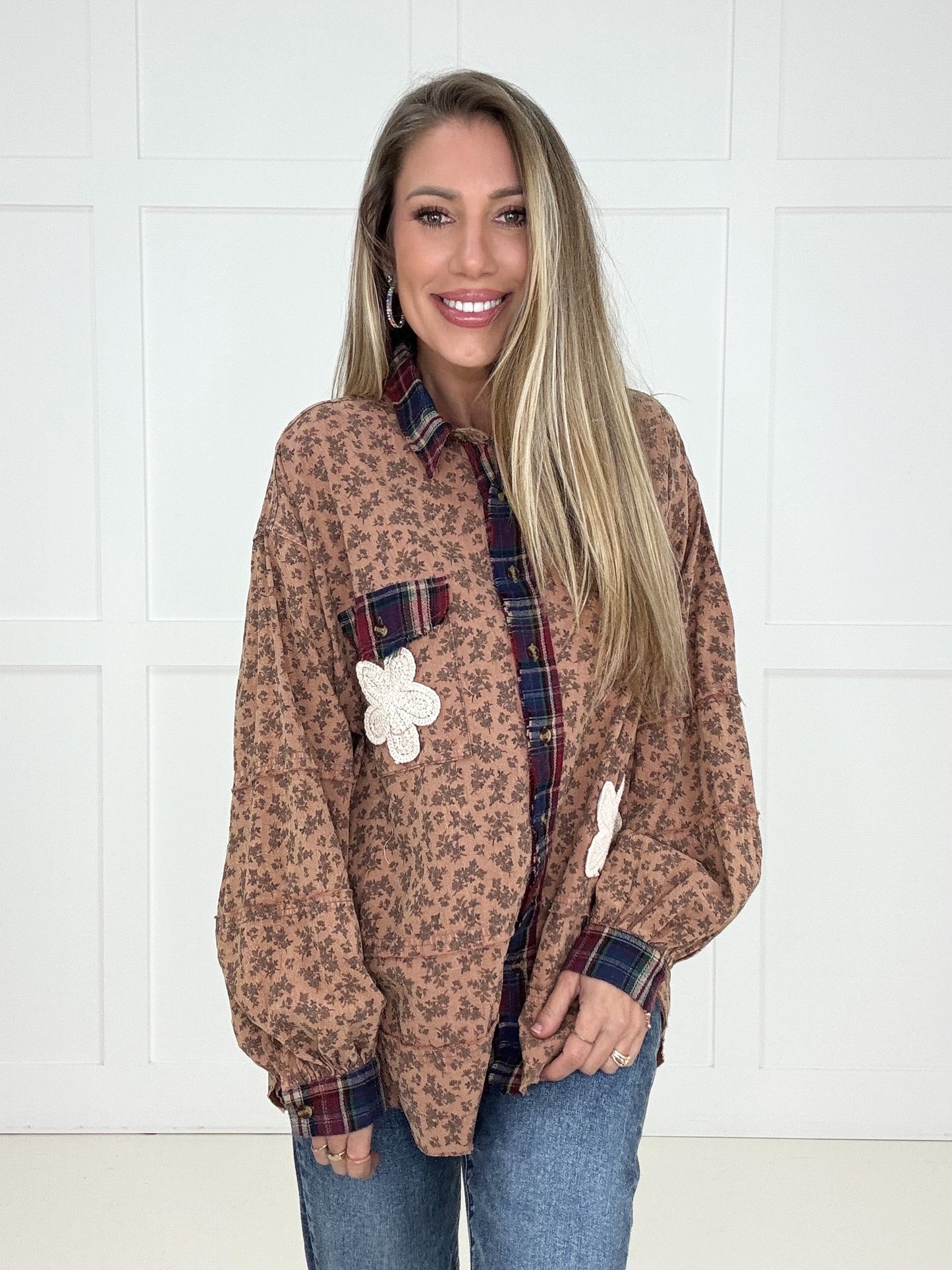 Flowers & Flannel Button Down-110 Long Sleeves- Simply Simpson's Boutique is a Women's Online Fashion Boutique Located in Jupiter, Florida