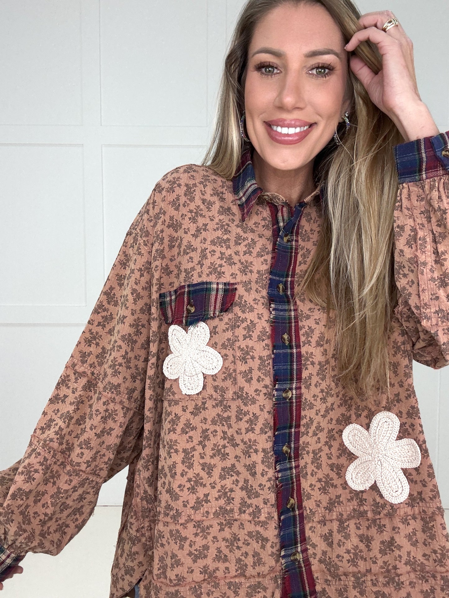 Flowers & Flannel Button Down-110 Long Sleeves- Simply Simpson's Boutique is a Women's Online Fashion Boutique Located in Jupiter, Florida