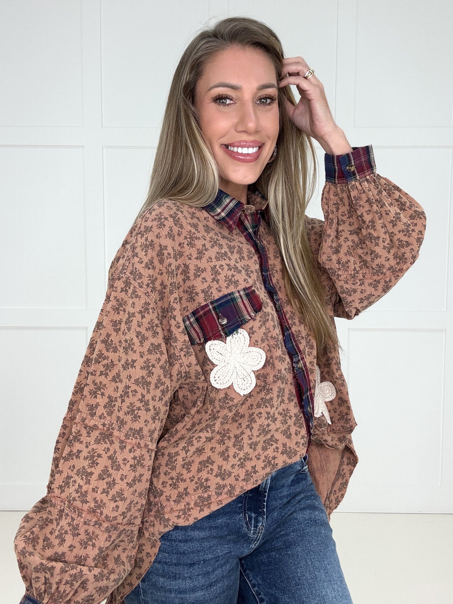 Flowers & Flannel Button Down-110 Long Sleeves- Simply Simpson's Boutique is a Women's Online Fashion Boutique Located in Jupiter, Florida