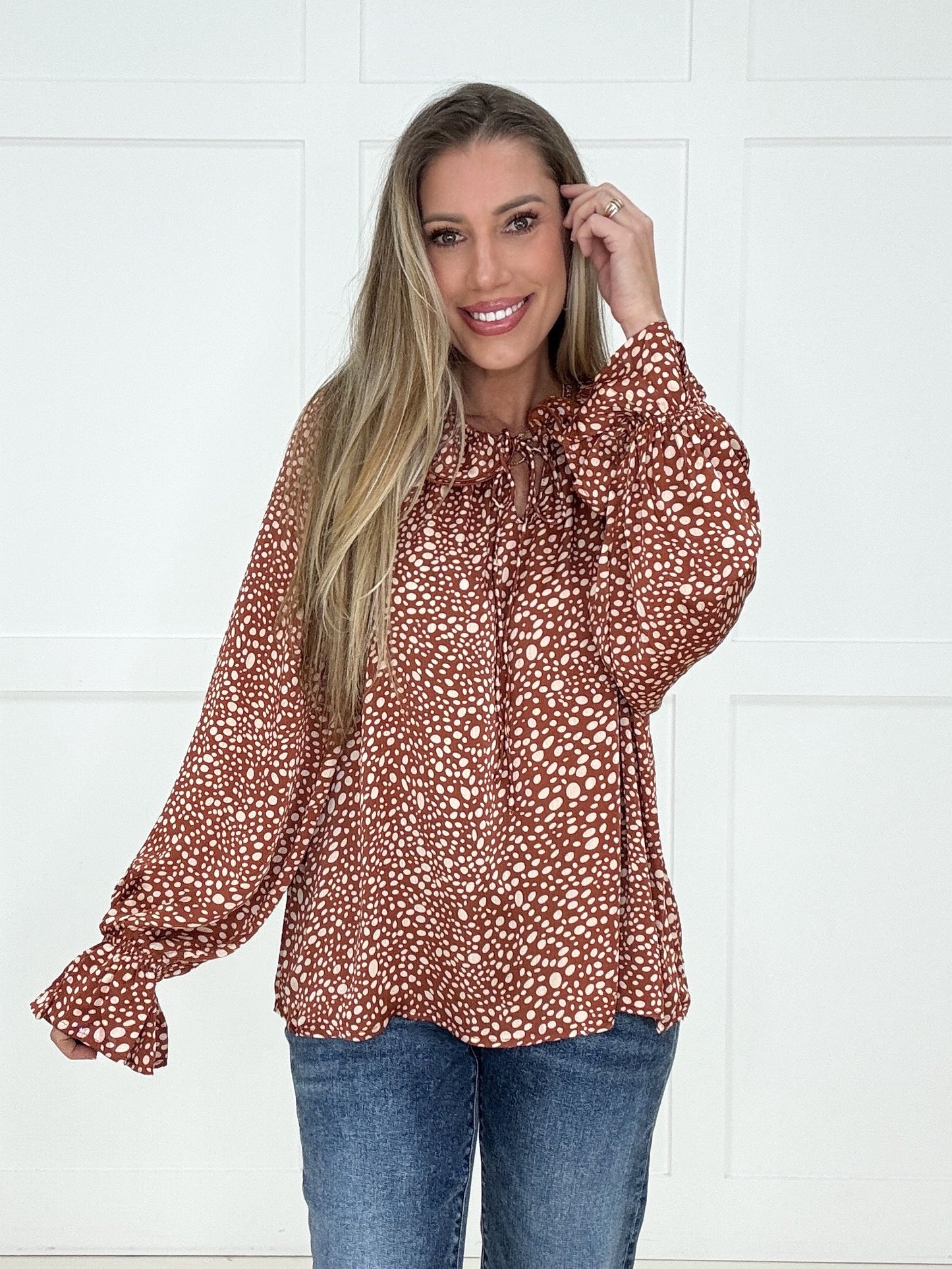 Spotted in Style Ruffle Satin Blouse-110 Long Sleeves- Simply Simpson's Boutique is a Women's Online Fashion Boutique Located in Jupiter, Florida