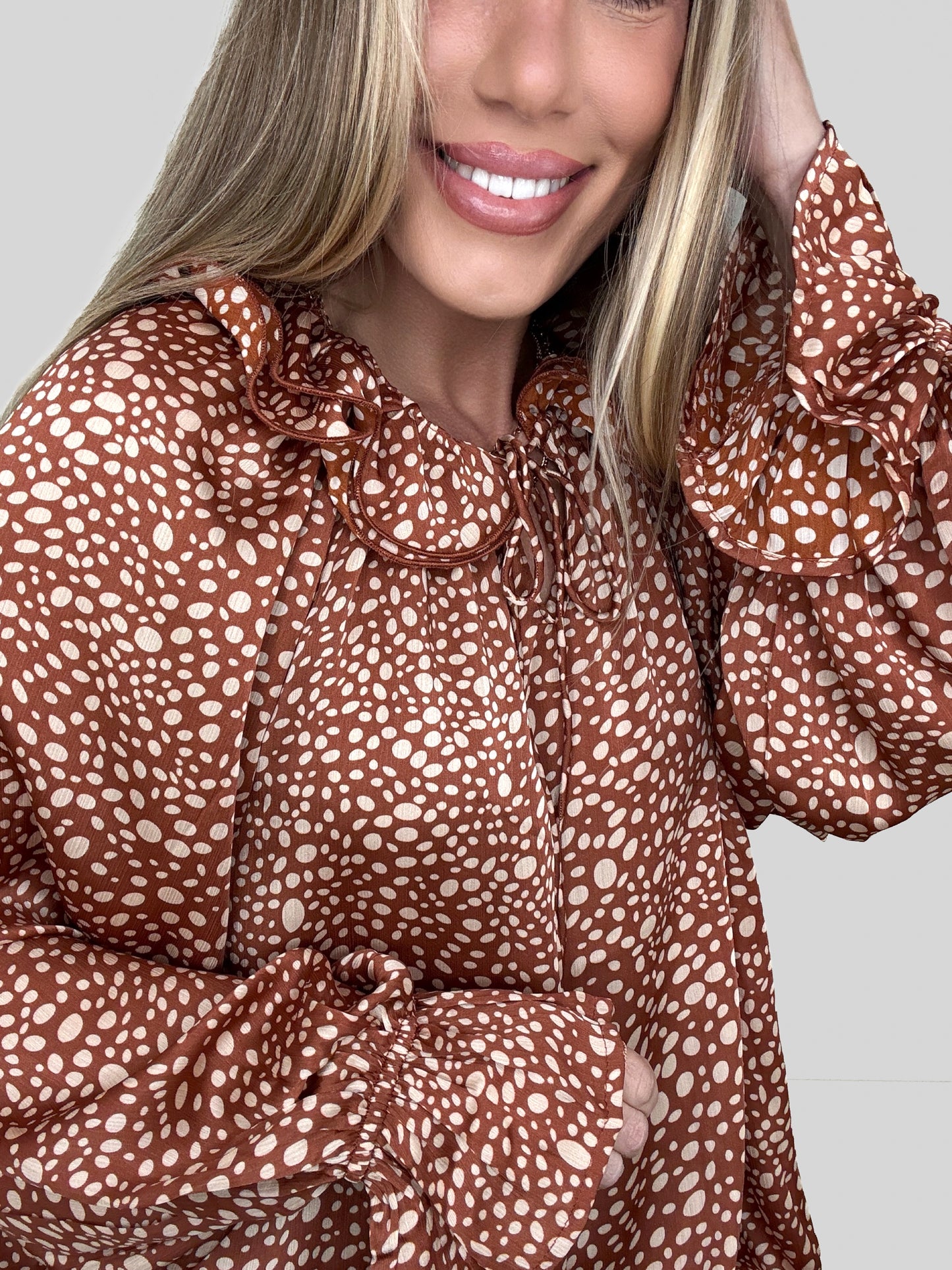 Spotted in Style Ruffle Satin Blouse-110 Long Sleeves- Simply Simpson's Boutique is a Women's Online Fashion Boutique Located in Jupiter, Florida