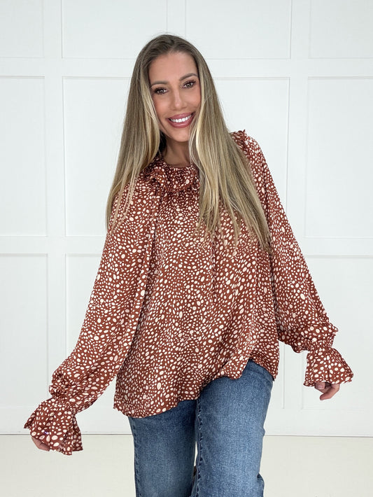 Spotted in Style Ruffle Satin Blouse-110 Long Sleeves- Simply Simpson's Boutique is a Women's Online Fashion Boutique Located in Jupiter, Florida