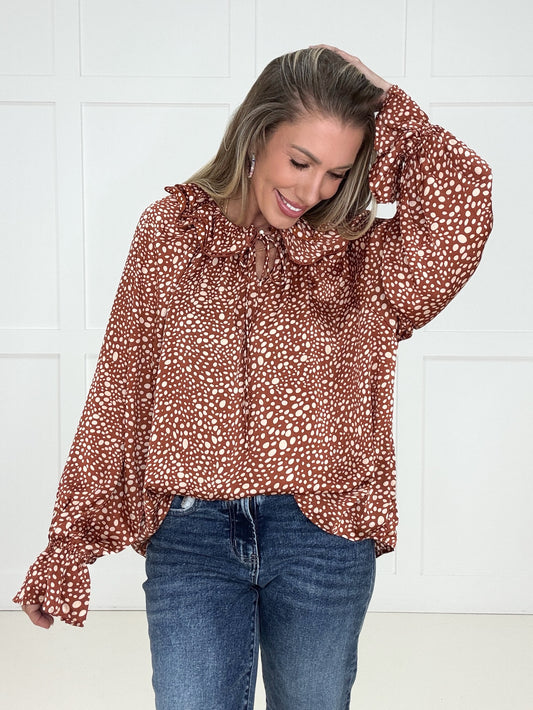 Spotted in Style Ruffle Satin Blouse-110 Long Sleeves- Simply Simpson's Boutique is a Women's Online Fashion Boutique Located in Jupiter, Florida