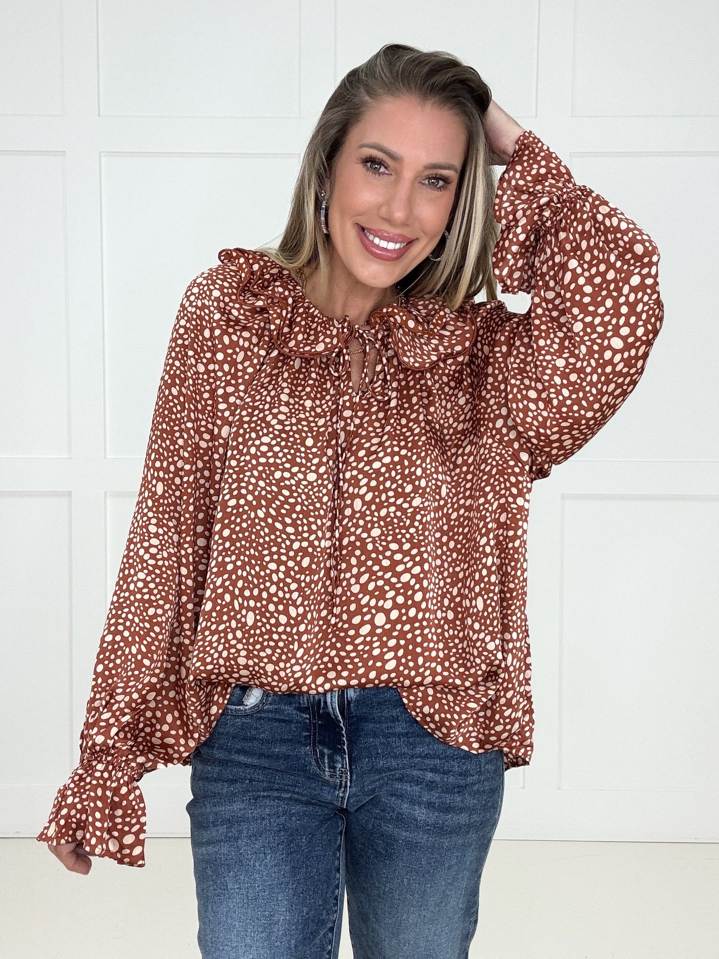 Spotted in Style Ruffle Satin Blouse-110 Long Sleeves- Simply Simpson's Boutique is a Women's Online Fashion Boutique Located in Jupiter, Florida