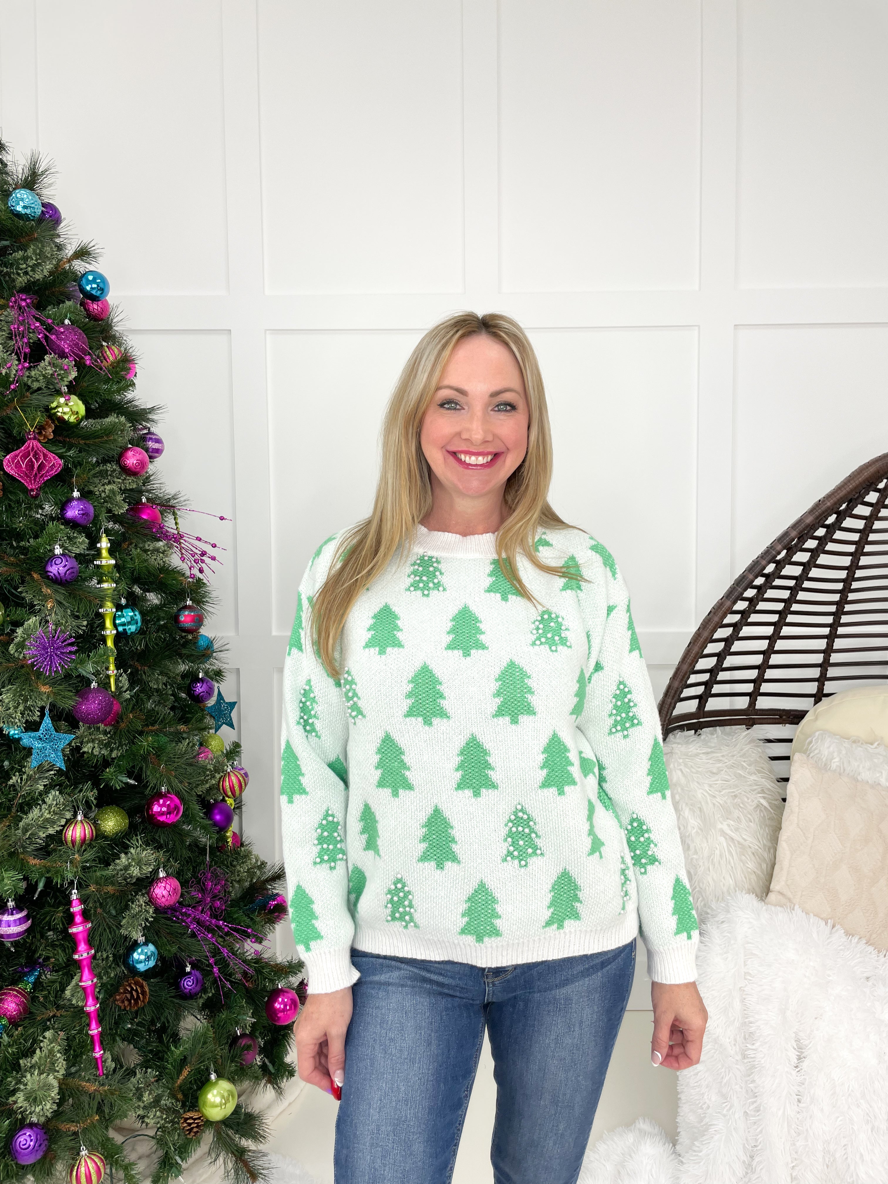 White & Green Christmas Tree with Pearl Accent Sweater-150 Sweaters- Simply Simpson's Boutique is a Women's Online Fashion Boutique Located in Jupiter, Florida