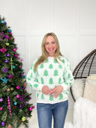 White & Green Christmas Tree with Pearl Accent Sweater-150 Sweaters- Simply Simpson's Boutique is a Women's Online Fashion Boutique Located in Jupiter, Florida