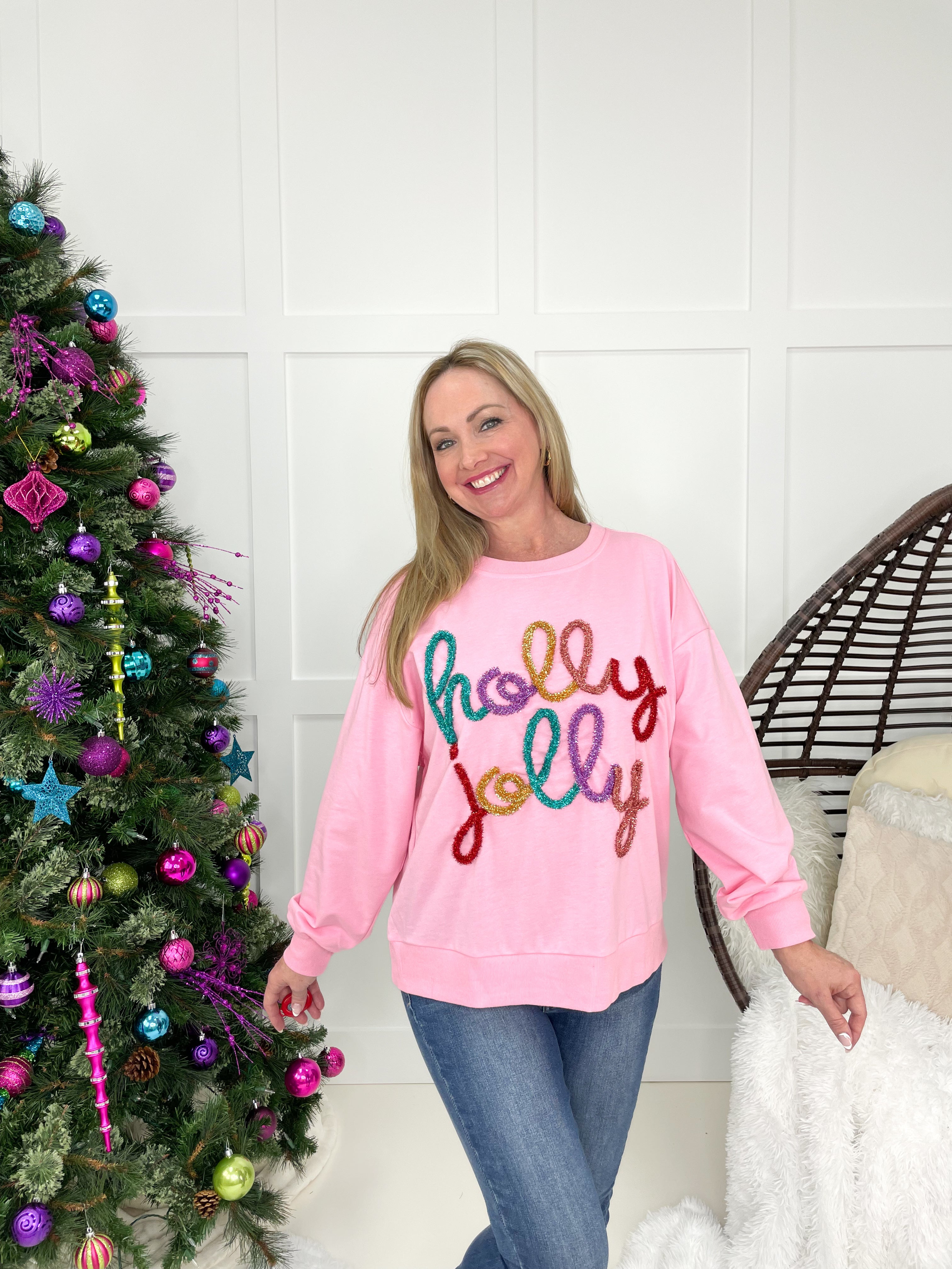 Holly Jolly Sweatshirt-160 Sweatshirts- Simply Simpson's Boutique is a Women's Online Fashion Boutique Located in Jupiter, Florida