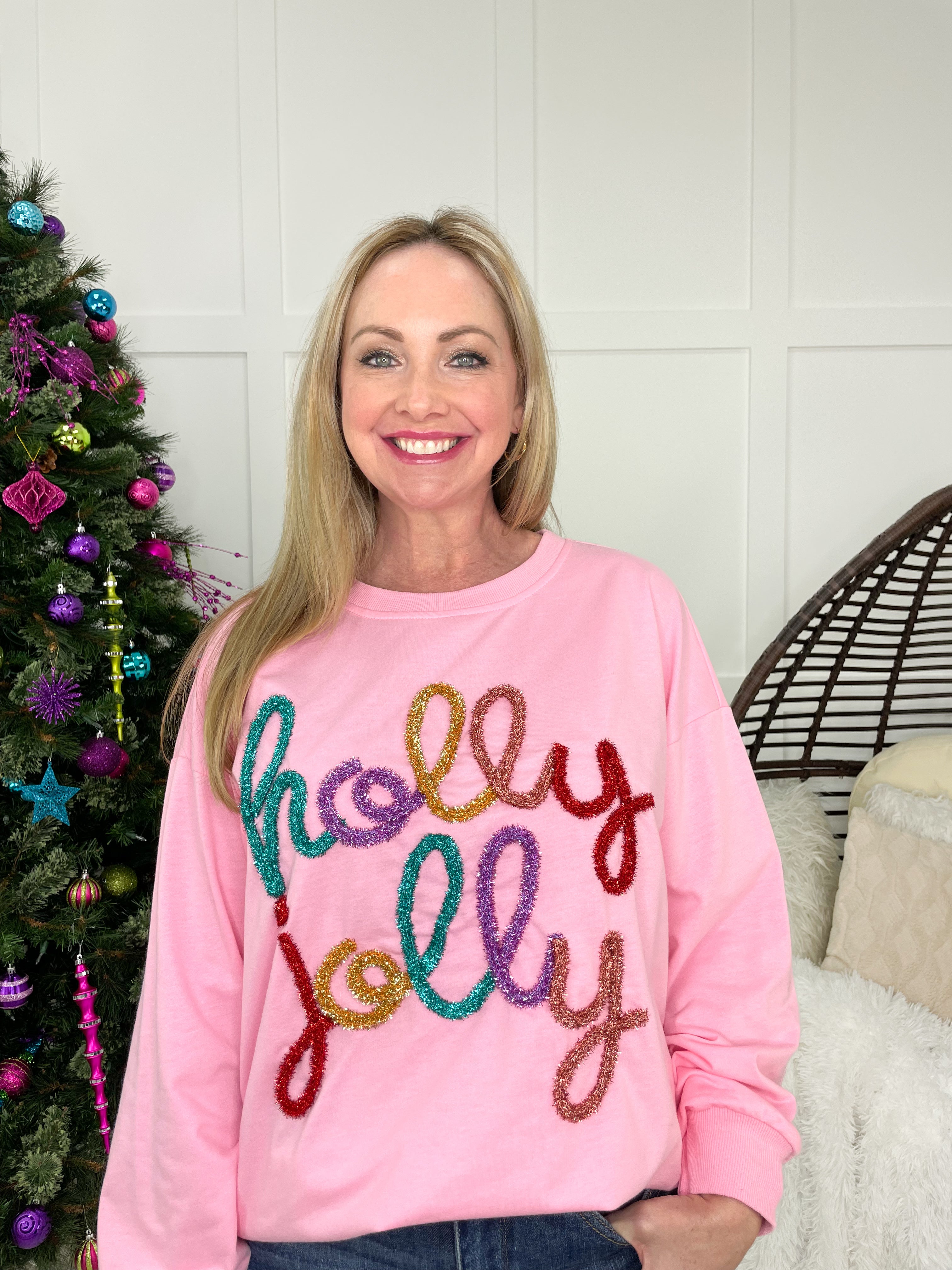 Holly Jolly Sweatshirt-160 Sweatshirts- Simply Simpson's Boutique is a Women's Online Fashion Boutique Located in Jupiter, Florida