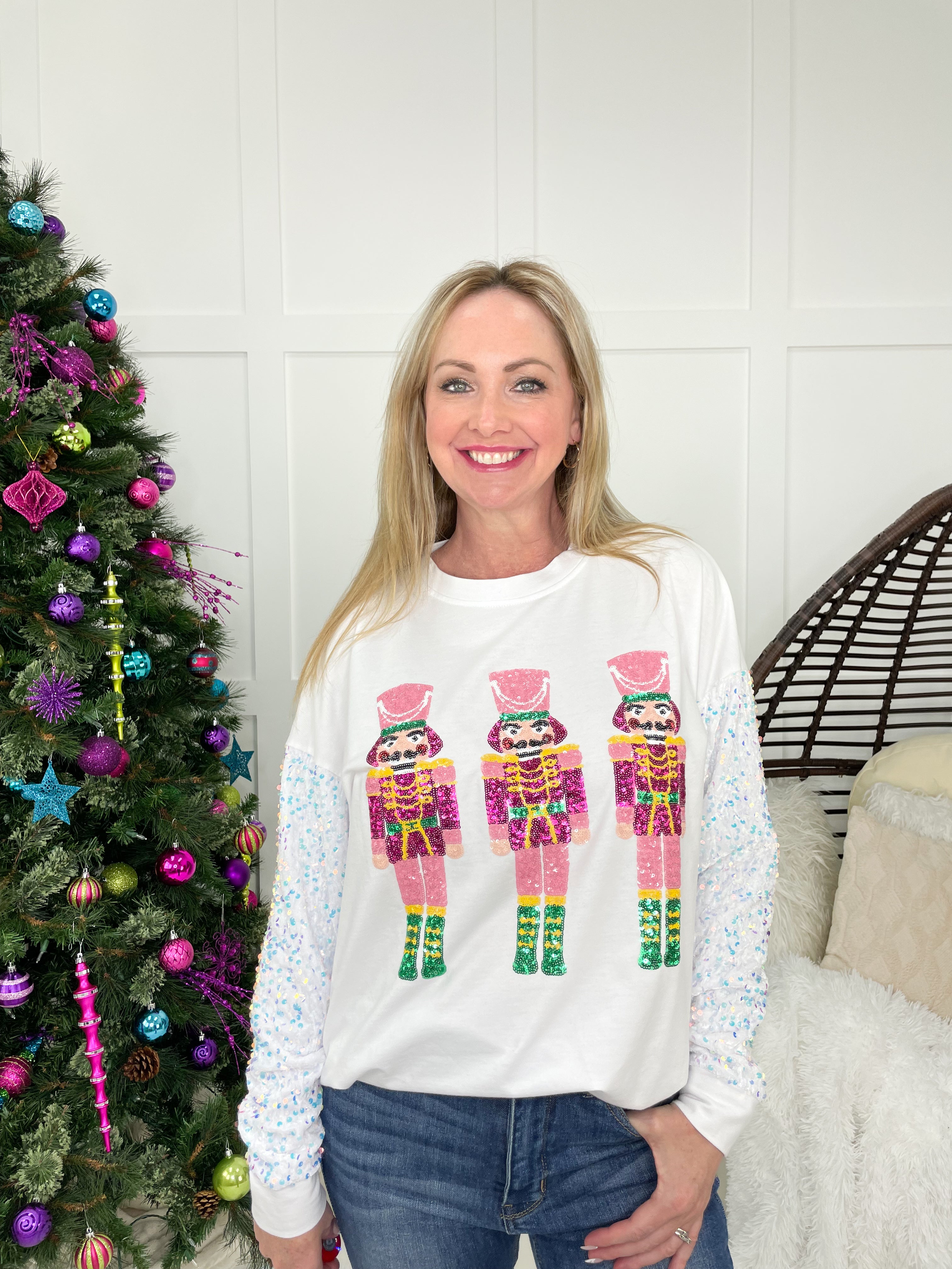 Nutcrackers with White Sequin Sleeve Sweatshirt-160 Sweatshirts- Simply Simpson's Boutique is a Women's Online Fashion Boutique Located in Jupiter, Florida