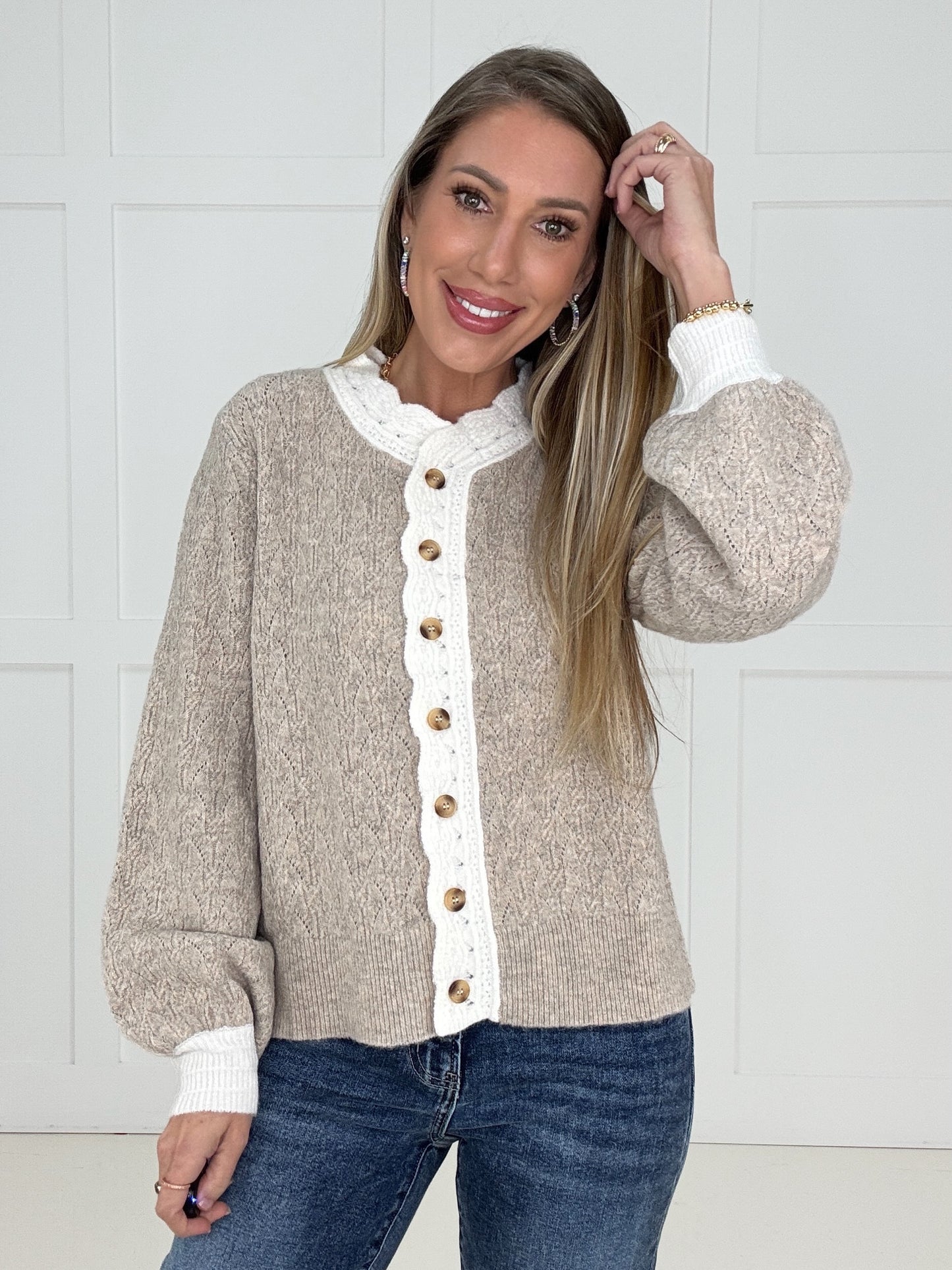 Latte Tessa Trim Cardigan-170 Cardigans- Simply Simpson's Boutique is a Women's Online Fashion Boutique Located in Jupiter, Florida