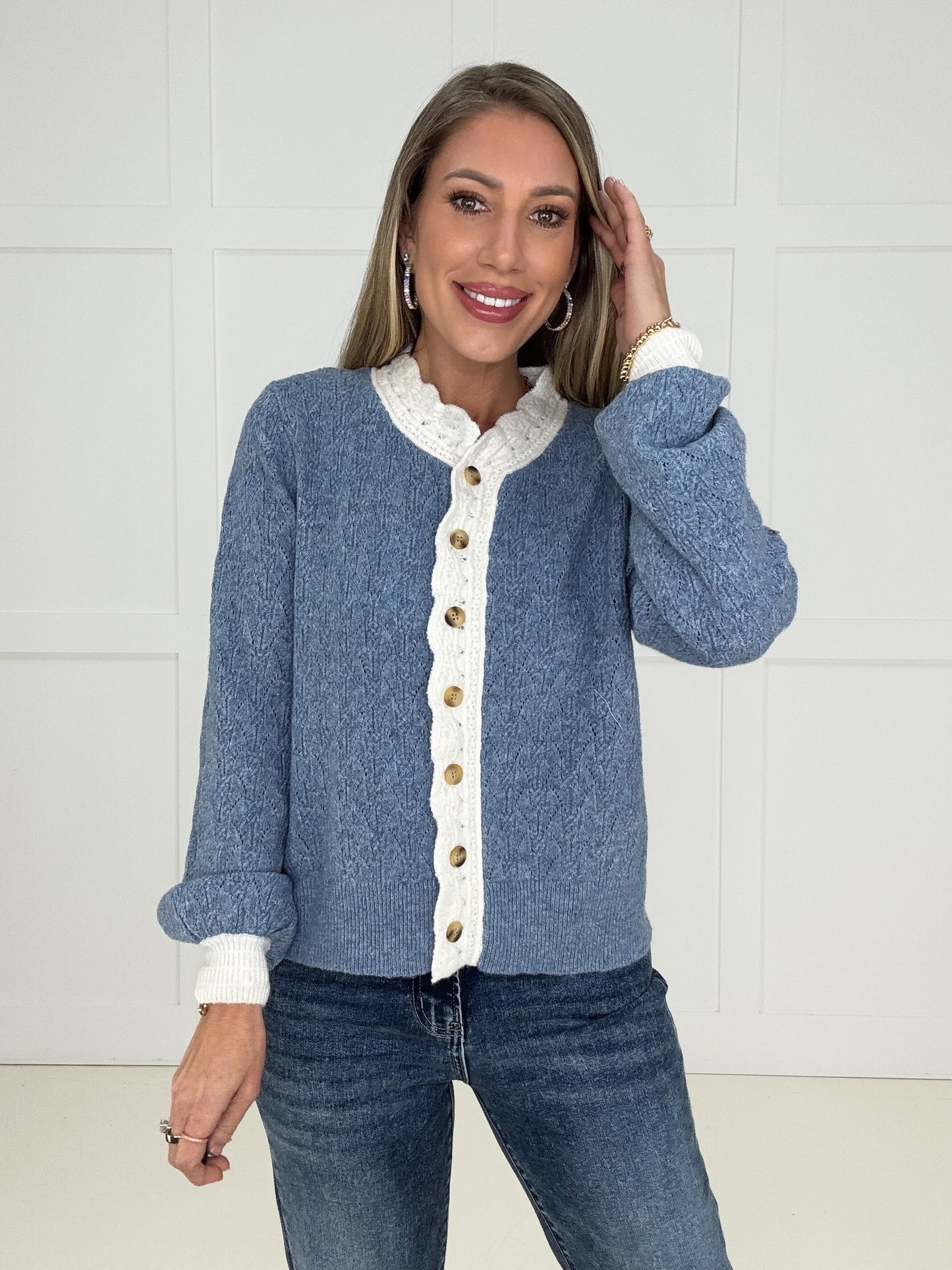 Blue Tessa Trim Cardigan-170 Cardigans- Simply Simpson's Boutique is a Women's Online Fashion Boutique Located in Jupiter, Florida