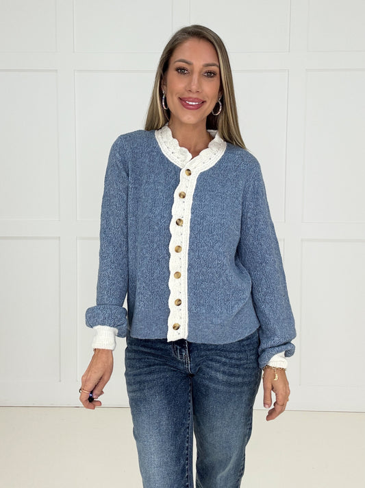 Blue Tessa Trim Cardigan-170 Cardigans- Simply Simpson's Boutique is a Women's Online Fashion Boutique Located in Jupiter, Florida