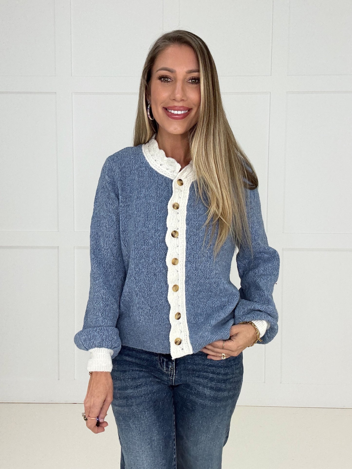 Blue Tessa Trim Cardigan-170 Cardigans- Simply Simpson's Boutique is a Women's Online Fashion Boutique Located in Jupiter, Florida
