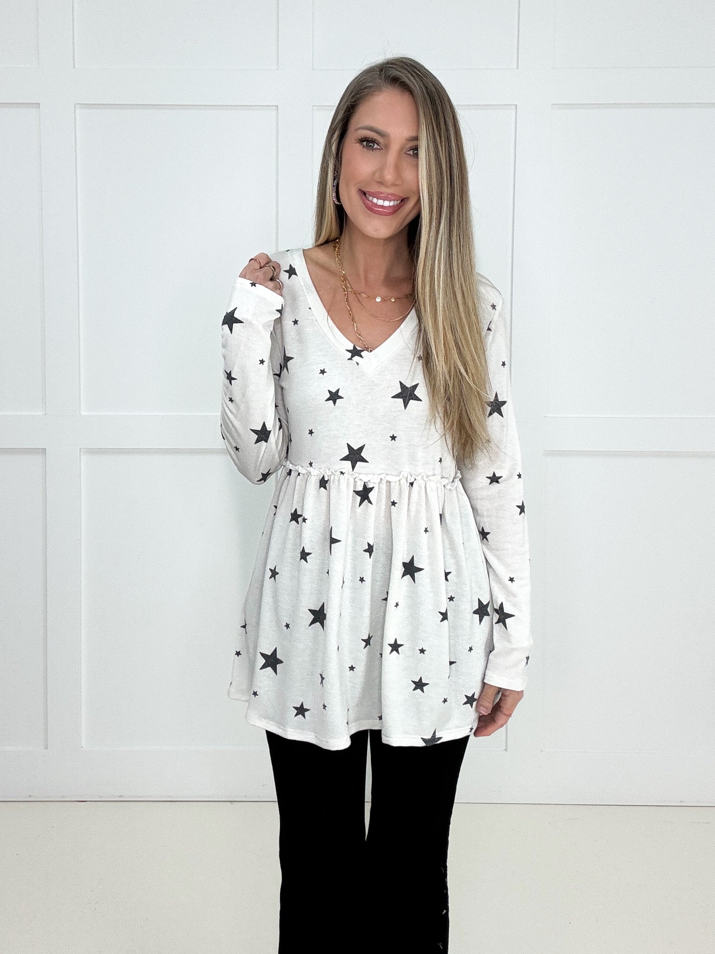 Ivory Written In The Stars Babydoll Top-110 Long Sleeves- Simply Simpson's Boutique is a Women's Online Fashion Boutique Located in Jupiter, Florida