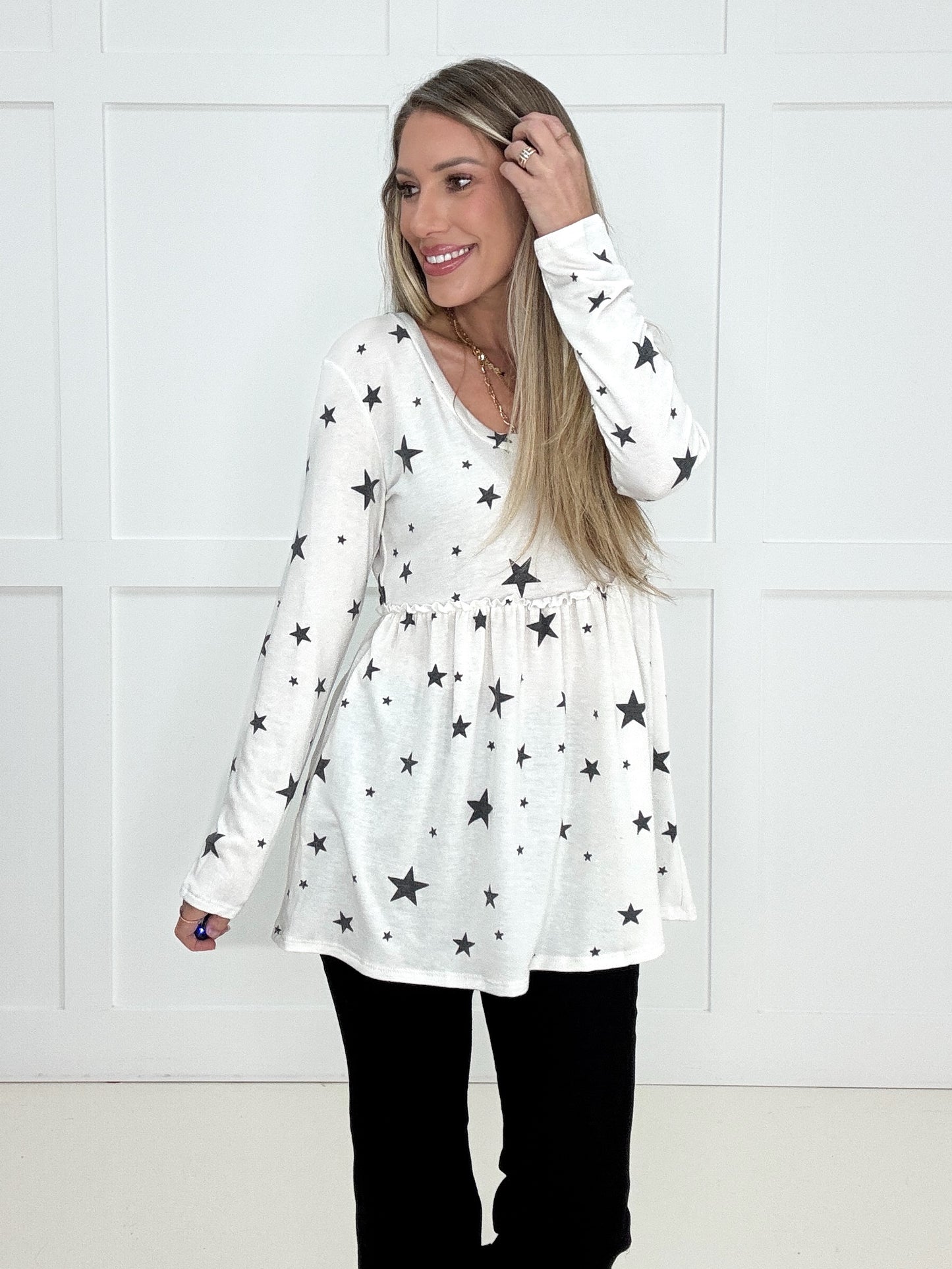 Ivory Written In The Stars Babydoll Top-110 Long Sleeves- Simply Simpson's Boutique is a Women's Online Fashion Boutique Located in Jupiter, Florida