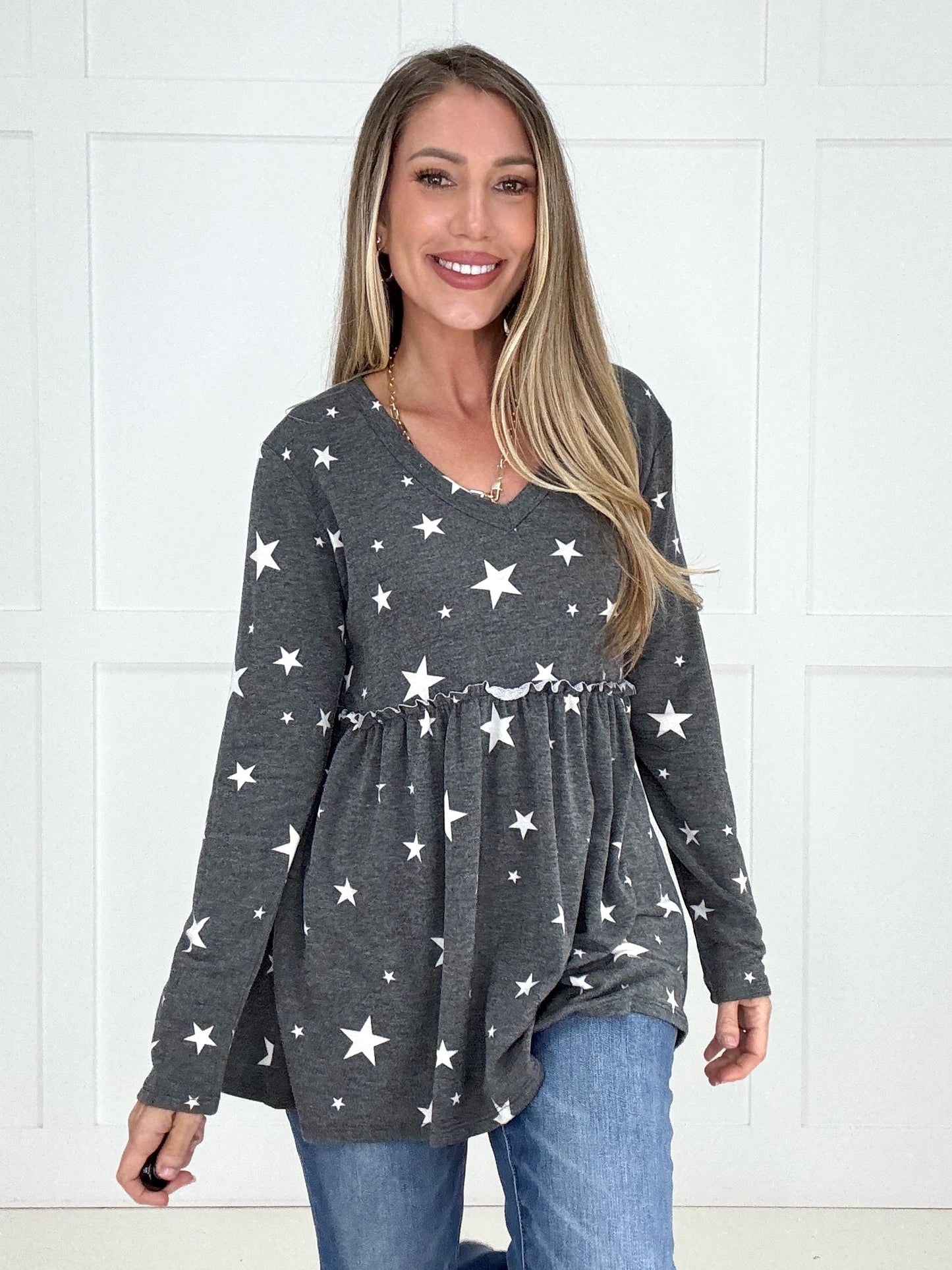 Charcoal Written In The Stars Babydoll Top-110 Long Sleeves- Simply Simpson's Boutique is a Women's Online Fashion Boutique Located in Jupiter, Florida