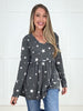 Charcoal Written In The Stars Babydoll Top-110 Long Sleeves- Simply Simpson's Boutique is a Women's Online Fashion Boutique Located in Jupiter, Florida