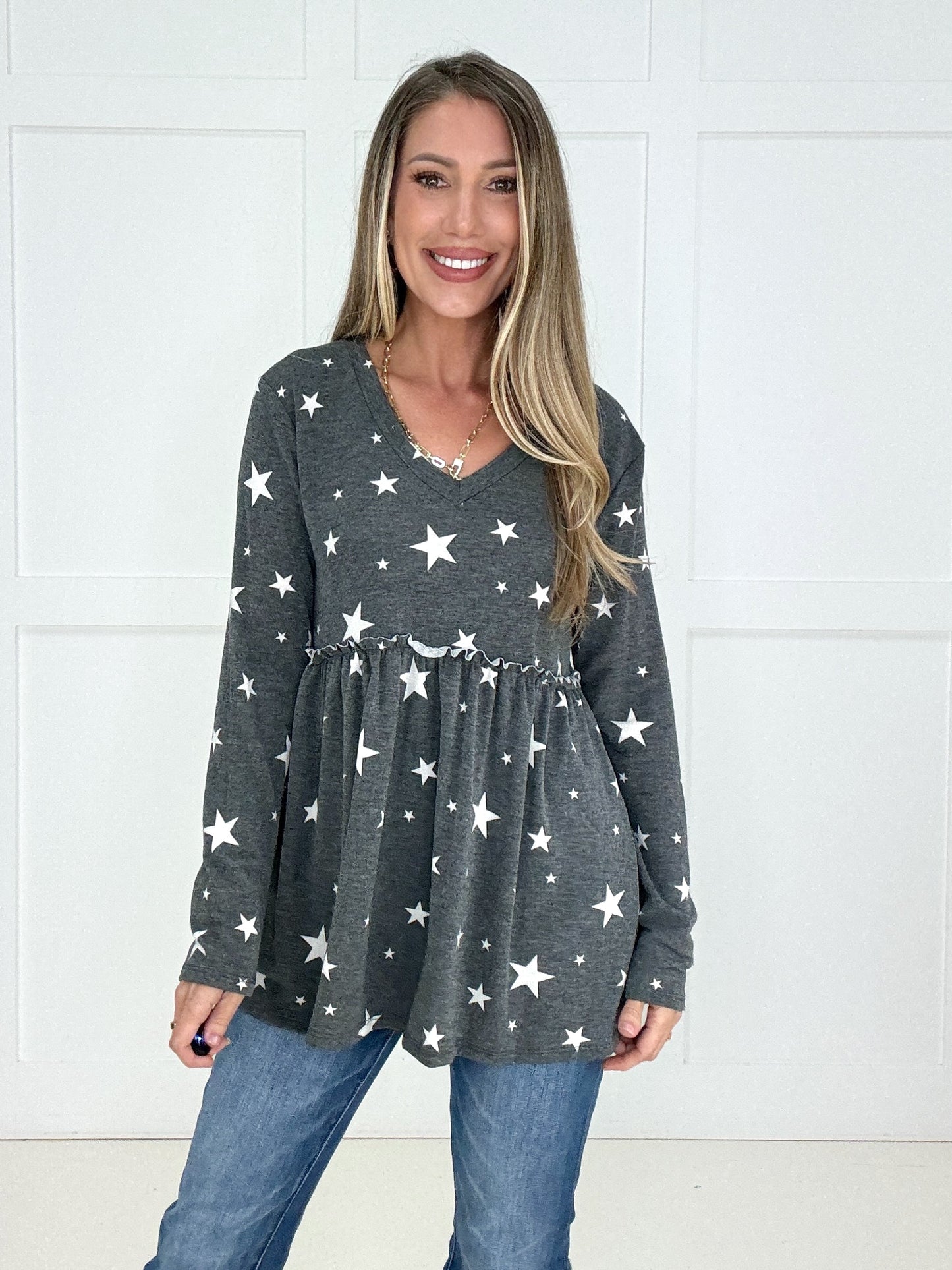 Charcoal Written In The Stars Babydoll Top-110 Long Sleeves- Simply Simpson's Boutique is a Women's Online Fashion Boutique Located in Jupiter, Florida