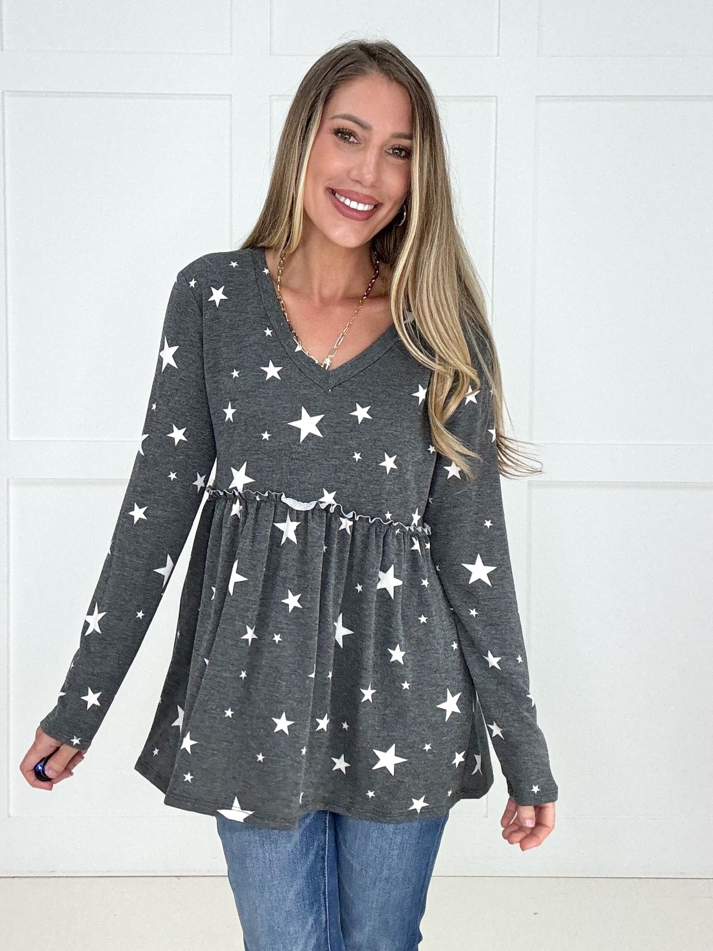 Charcoal Written In The Stars Babydoll Top-110 Long Sleeves- Simply Simpson's Boutique is a Women's Online Fashion Boutique Located in Jupiter, Florida