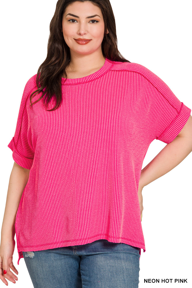 Raised Rib Cuff Sleeve Raw Edge Top-100 Short Sleeves- Simply Simpson's Boutique is a Women's Online Fashion Boutique Located in Jupiter, Florida