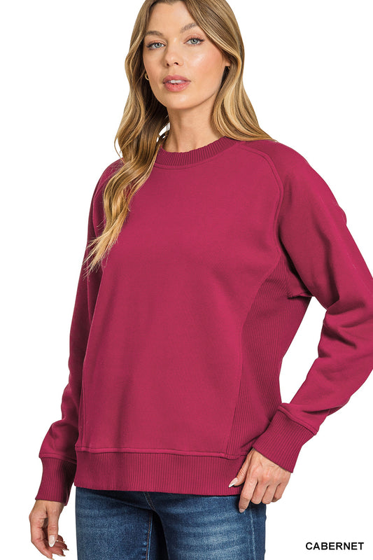 Fleece Round Neck Ribbed Side Raglan Sweatshirt-160 Sweatshirts- Simply Simpson's Boutique is a Women's Online Fashion Boutique Located in Jupiter, Florida