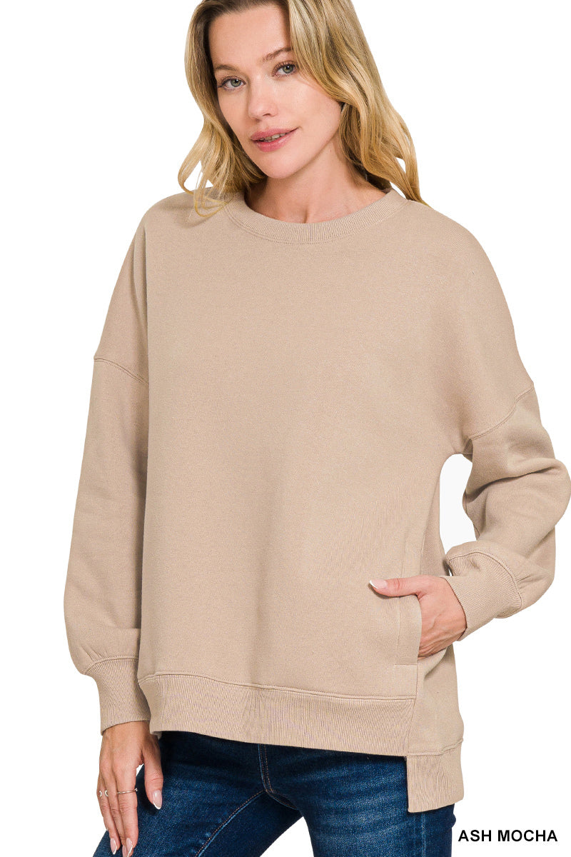 Fleece Hi-Low Boyfriend Sweatshirt w/Pockets-160 Sweatshirts- Simply Simpson's Boutique is a Women's Online Fashion Boutique Located in Jupiter, Florida
