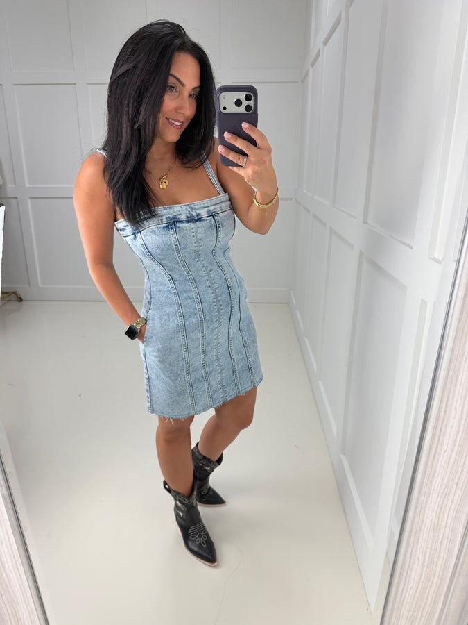 Raven Light Wash Denim Zip Up Dress