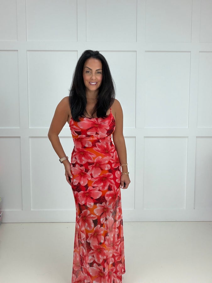 Orange Presley Mesh Floral Print Dress