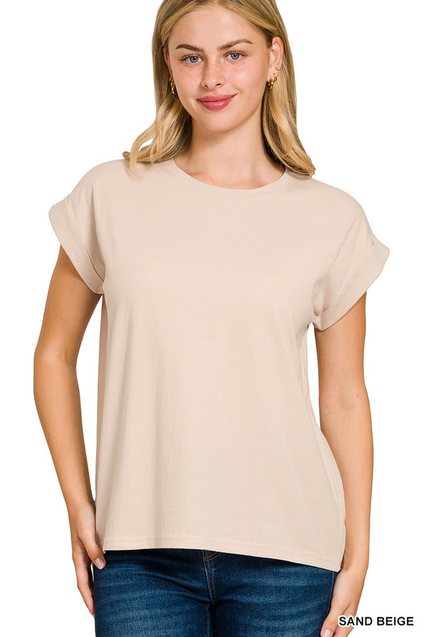 Beige Folded Short Sleeve T-Shirt- Simply Simpson's Boutique is a Women's Online Fashion Boutique Located in Jupiter, Florida