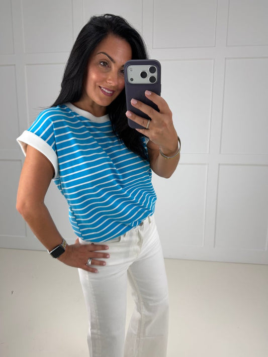 Deep Sky Cap Sleeve Stripe Tee- Simply Simpson's Boutique is a Women's Online Fashion Boutique Located in Jupiter, Florida