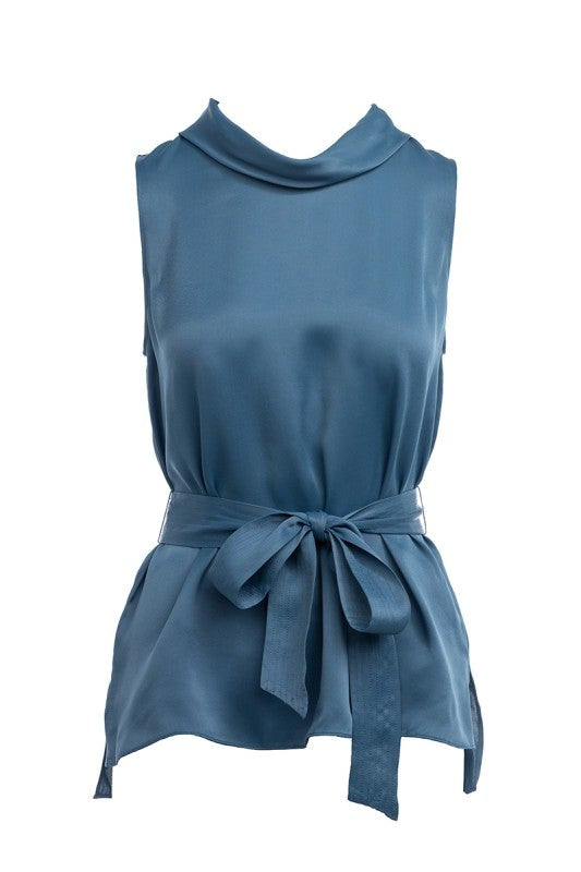 Victoria Blue Sleeveless Top With Belt Waist- Simply Simpson's Boutique is a Women's Online Fashion Boutique Located in Jupiter, Florida