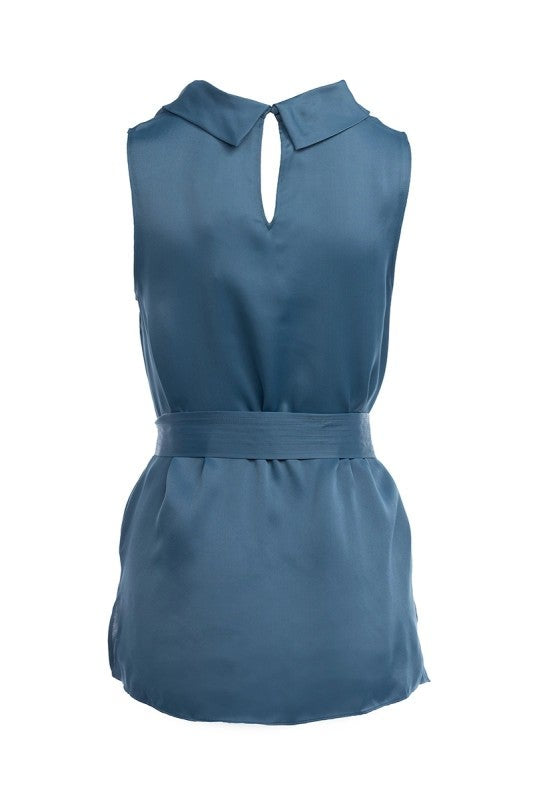 Victoria Blue Sleeveless Top With Belt Waist- Simply Simpson's Boutique is a Women's Online Fashion Boutique Located in Jupiter, Florida