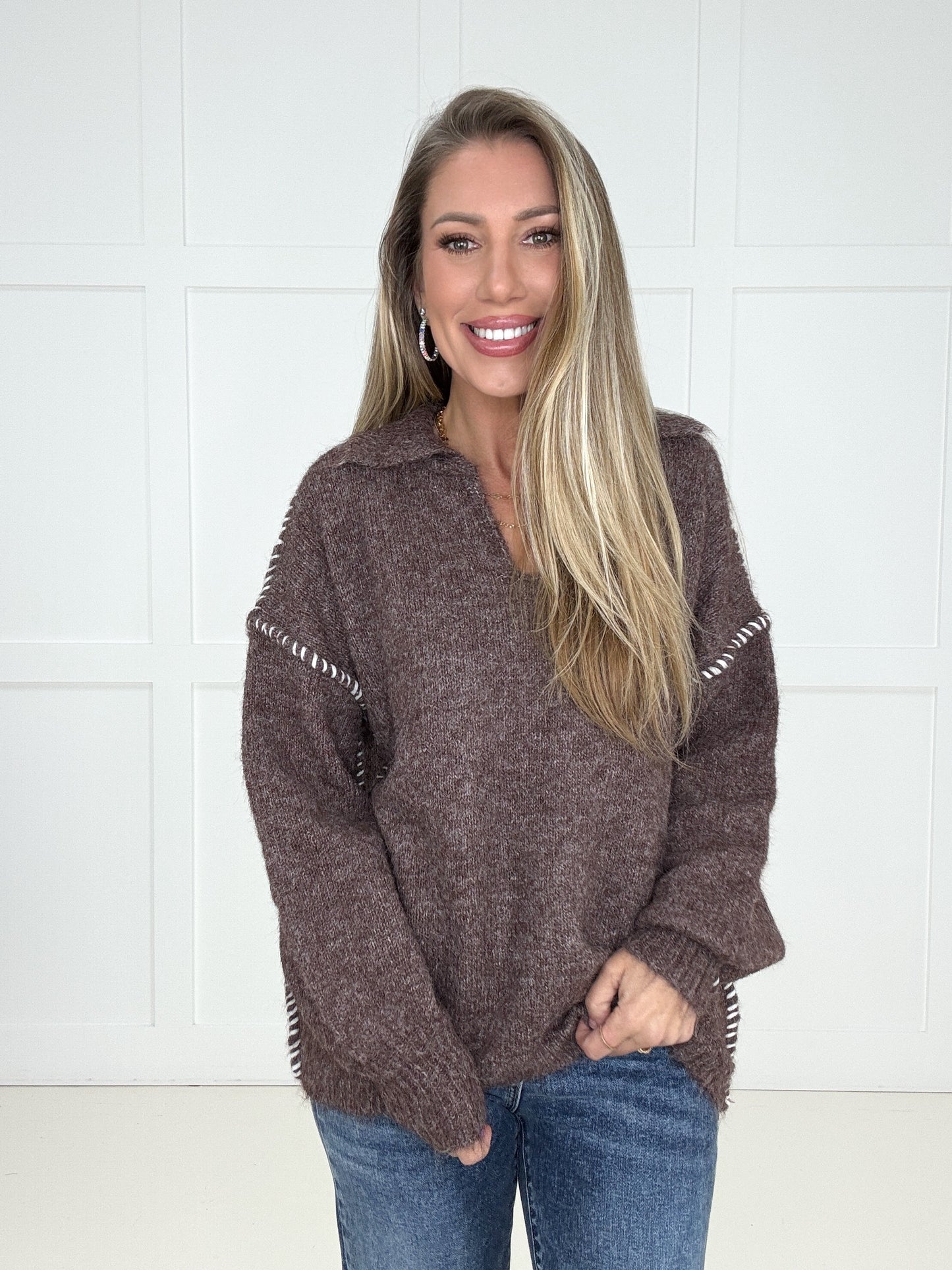 Brown Whipstitch Wanderer Sweater-150 Sweaters- Simply Simpson's Boutique is a Women's Online Fashion Boutique Located in Jupiter, Florida